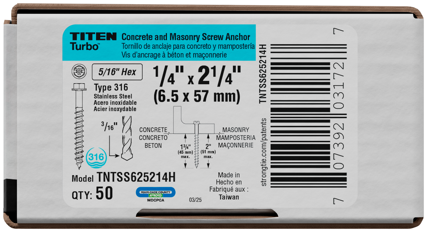 Simpson Strong-Tie TNTSS625214H Titen Turbo™ — 1/4 in. x 2-1/4 in. Type 316 Stainless-Steel Hex-Head Concrete and Masonry Screw (50-Qty) (Pack of 840)