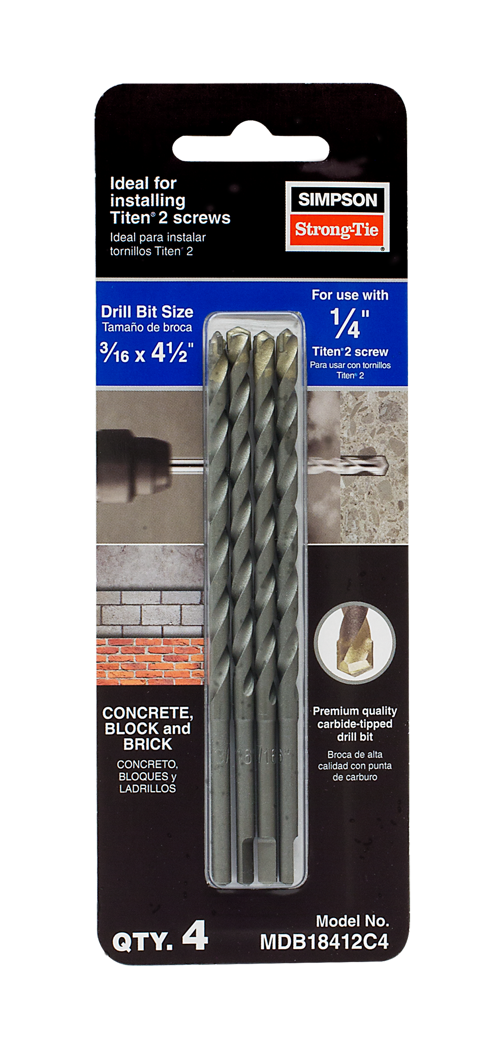Simpson Strong-Tie MDB18412C4 Titen Turbo™ 3/16 in. x 4-1/2 in. Screw-Anchor Drill Bit (4-Qty) (Pack of 10)