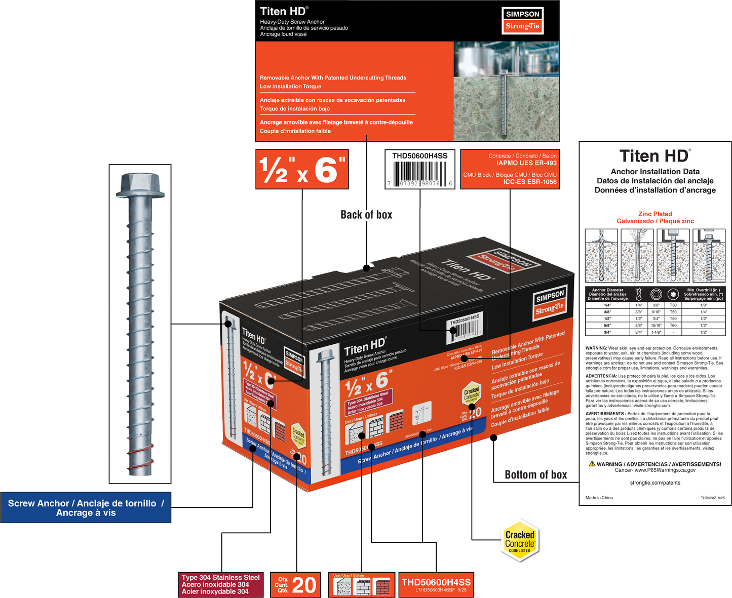 Simpson Strong-Tie THD50600H4SS Titen HD® 1/2 in. x 6 in. Type 304 Stainless-Steel Heavy-Duty Screw Anchor (20-Qty) (Pack of 240)