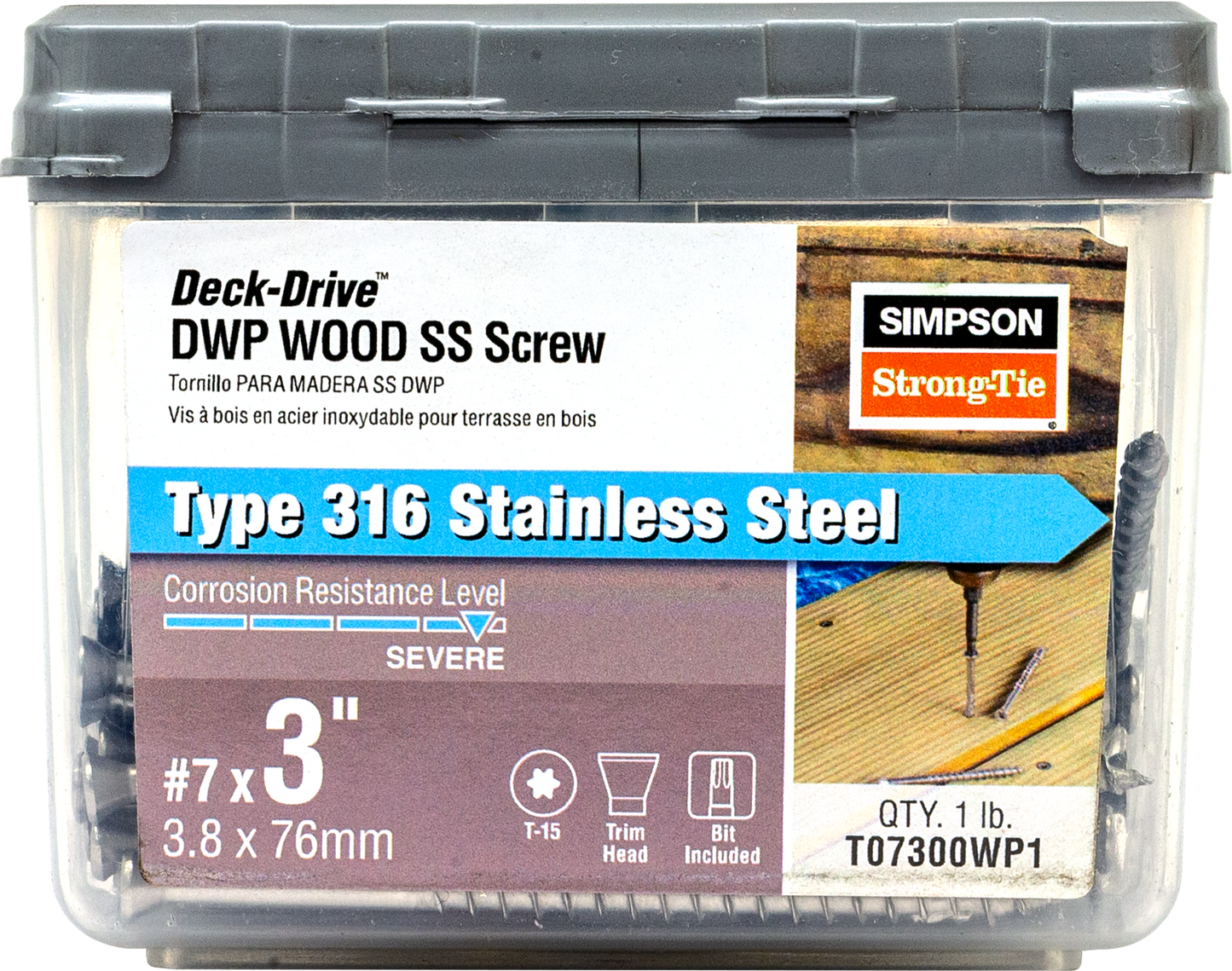 Simpson Strong-Tie T07300WP1 Deck-Drive™ DWP WOOD SS Screw — #7 x 3 in. T-15, Trim Head, Type 316 (1 lb.) (Pack of 800)