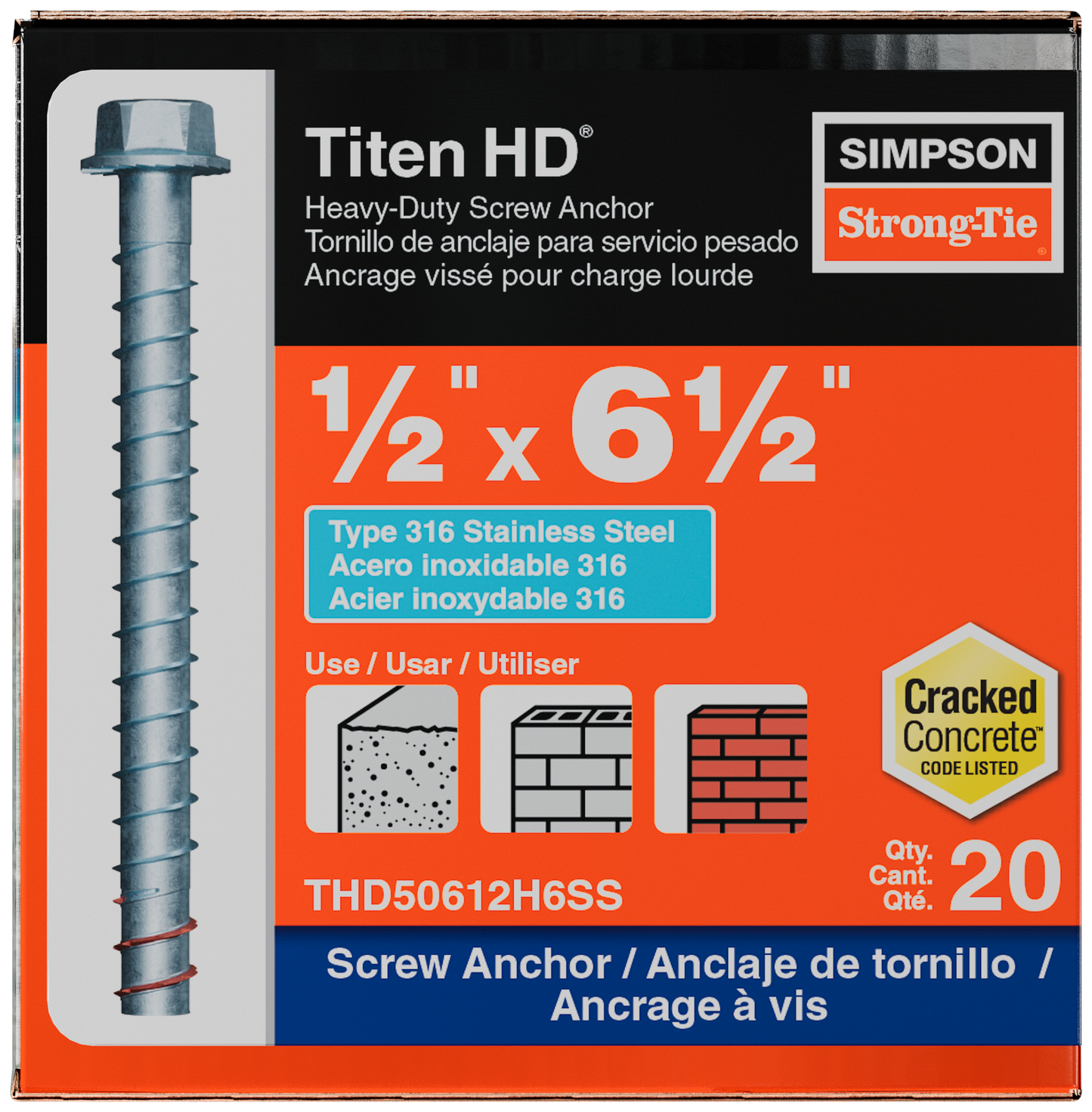 Simpson Strong-Tie THD50612H6SS Titen HD® 1/2 in. x 6-1/2 in. Type 316 Stainless Steel Heavy-Duty Screw Anchor (20-Qty) (Pack of 2)