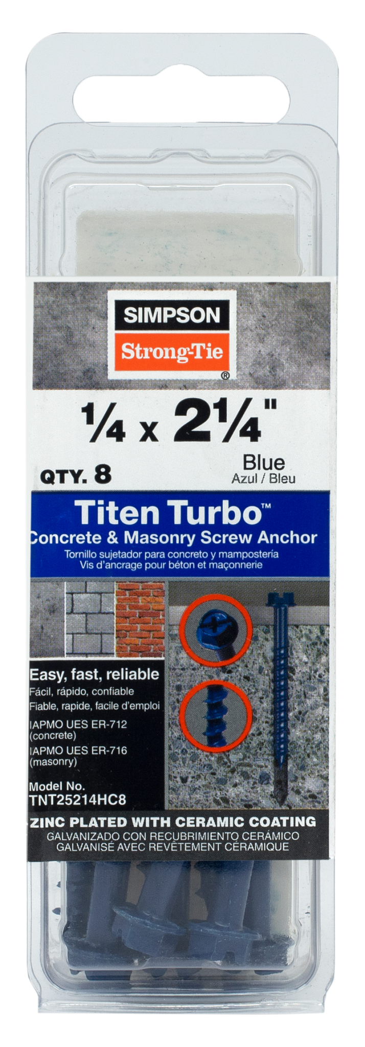 Simpson Strong-Tie TNT25214HC8 Titen Turbo™ — 1/4 in. x 2-1/4 in. Hex-Head Concrete and Masonry Screw, Blue (8-Qty) (Pack of 5)