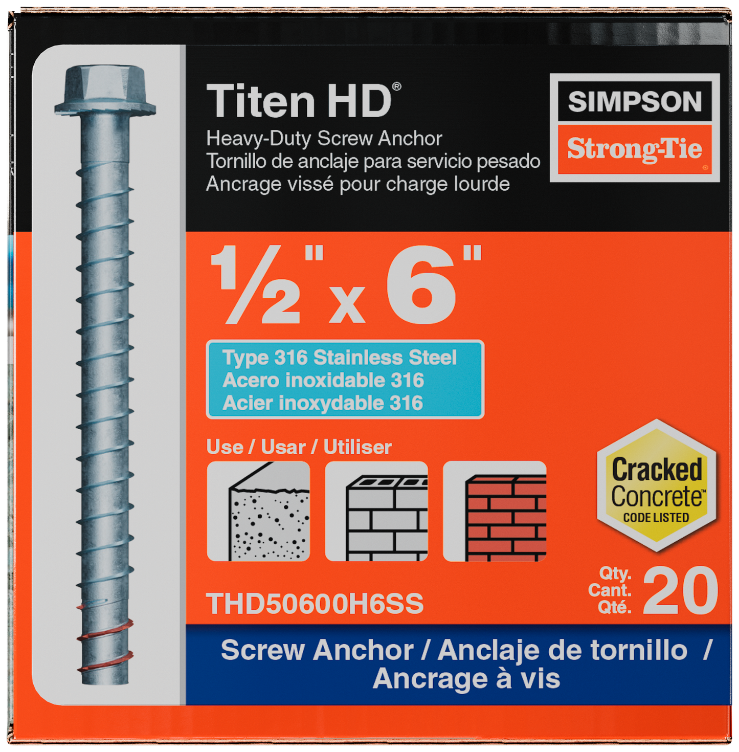 Simpson Strong-Tie THD50600H6SS Titen HD® 1/2 in. x 6 in. Type 316 Stainless-Steel Heavy-Duty Screw Anchor (20-Qty) (Pack of 4)
