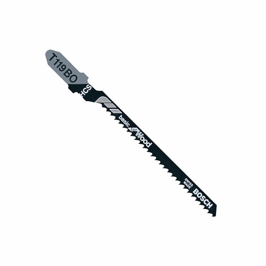 Hojas de sierra caladora BOSCH T119BO de 5 piezas, 3-1/4 pulg., 12 dientes por pulgada, para corte básico de madera con vástago en T