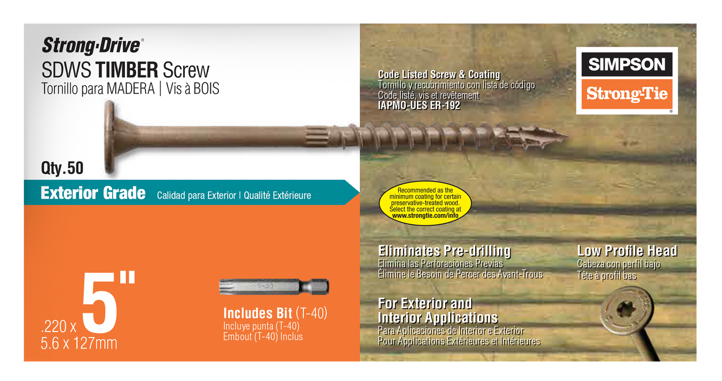 Simpson Strong-Tie SDWS22500DB-R50 Strong-Drive® SDWS™ TIMBER Screw (Exterior Grade) — 0.220 in. x 5 in. T40, Tan (50-Qty) (Pack of 6)