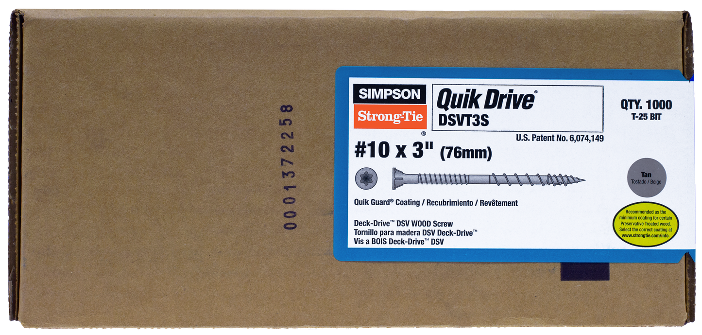 Simpson Strong-Tie DSVT3S Deck-Drive™ DSV WOOD Screw (Collated) — #10 x 3 in. T25 6-Lobe, Tan (1000-Qty) (Pack of 100)