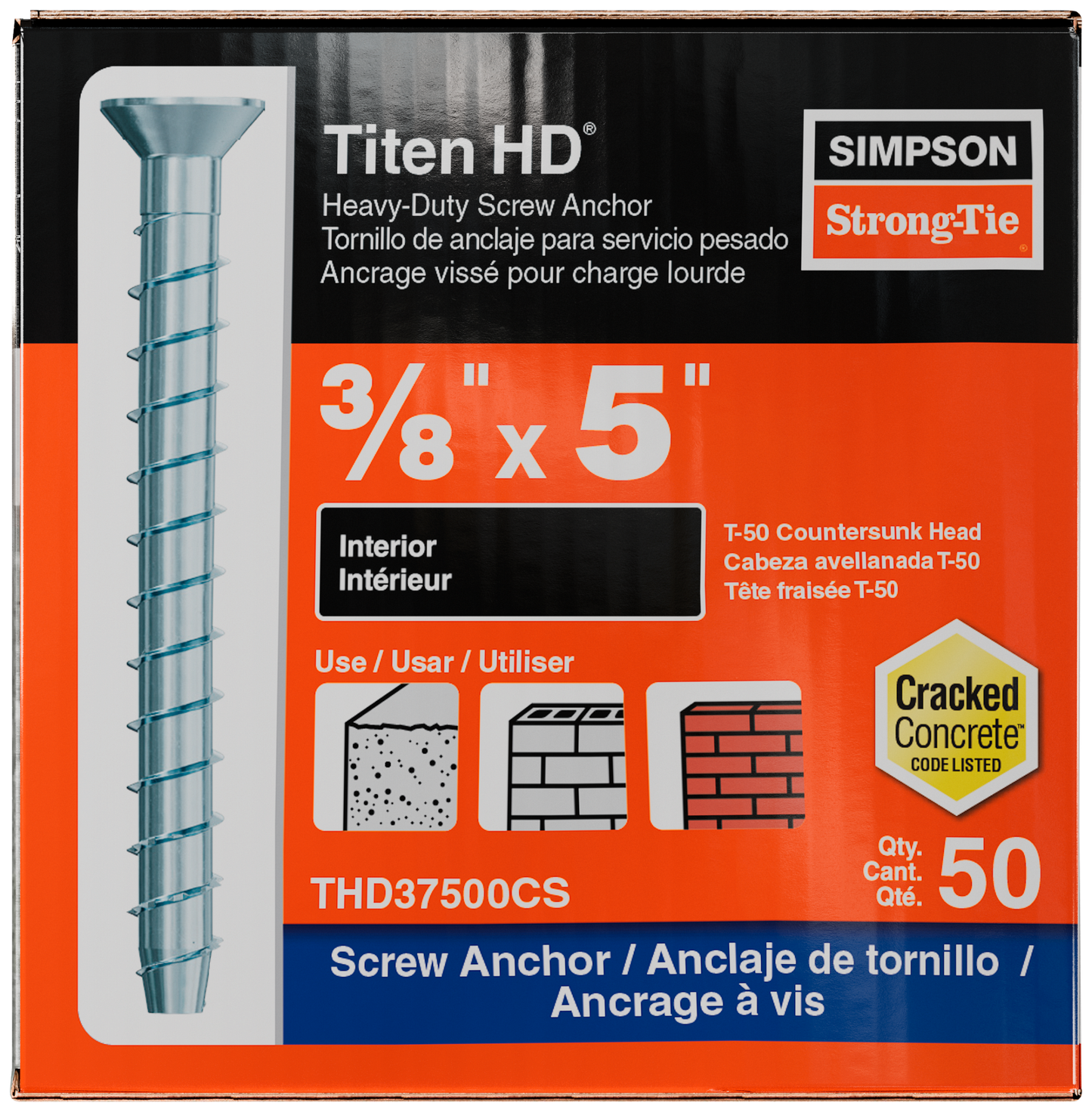 Simpson Strong-Tie THD37500CS Titen HD® 3/8 in. x 5 in. Zinc-Plated Countersunk Head Heavy-Duty Screw Anchor (50-Qty)