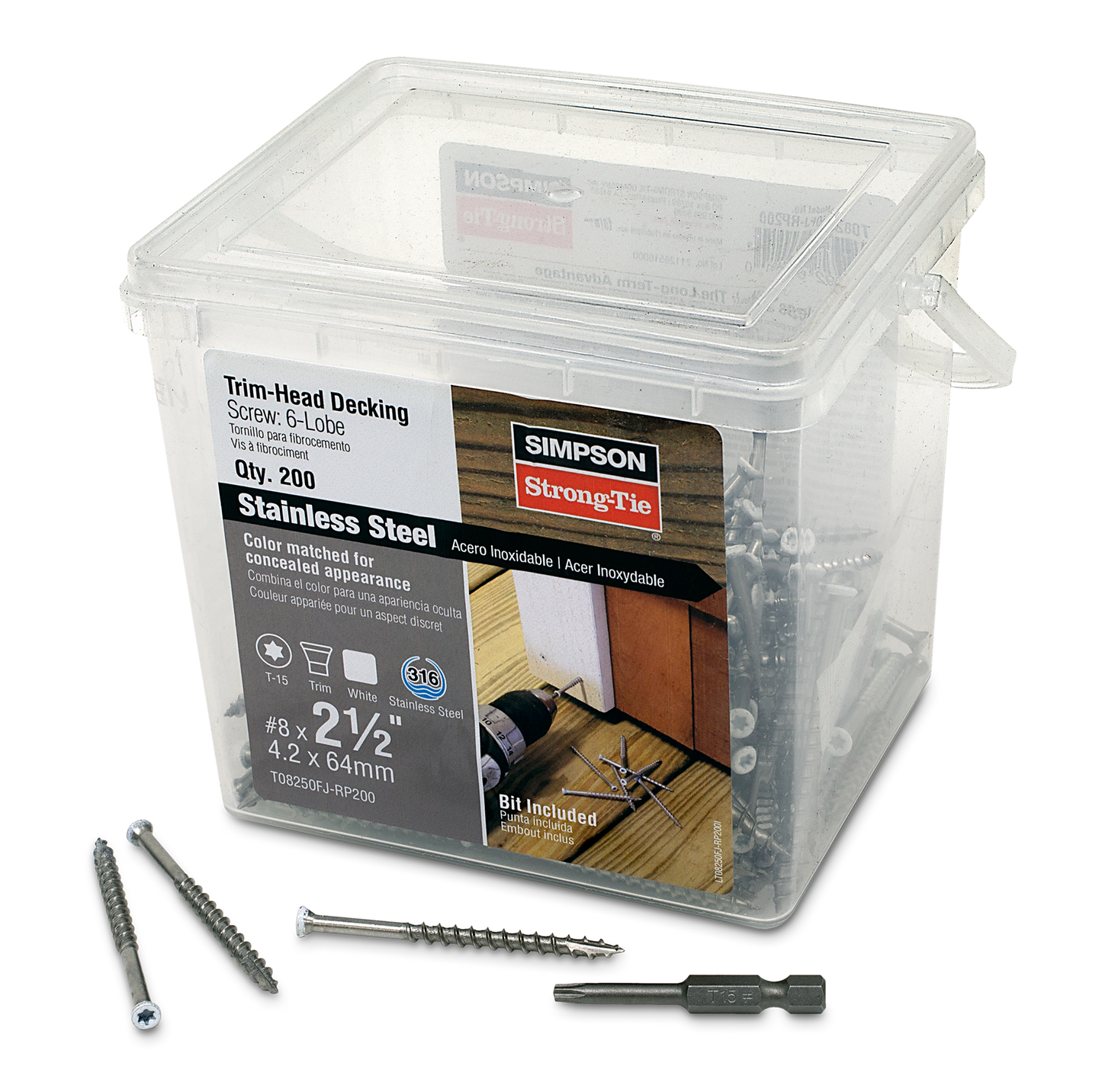 Simpson Strong-Tie T08250FJ-RP200 Trim-Head Screw, 6-Lobe Drive — #8 x 2-1/2 in. T-15 Type 316, White 01 (200-Qty)