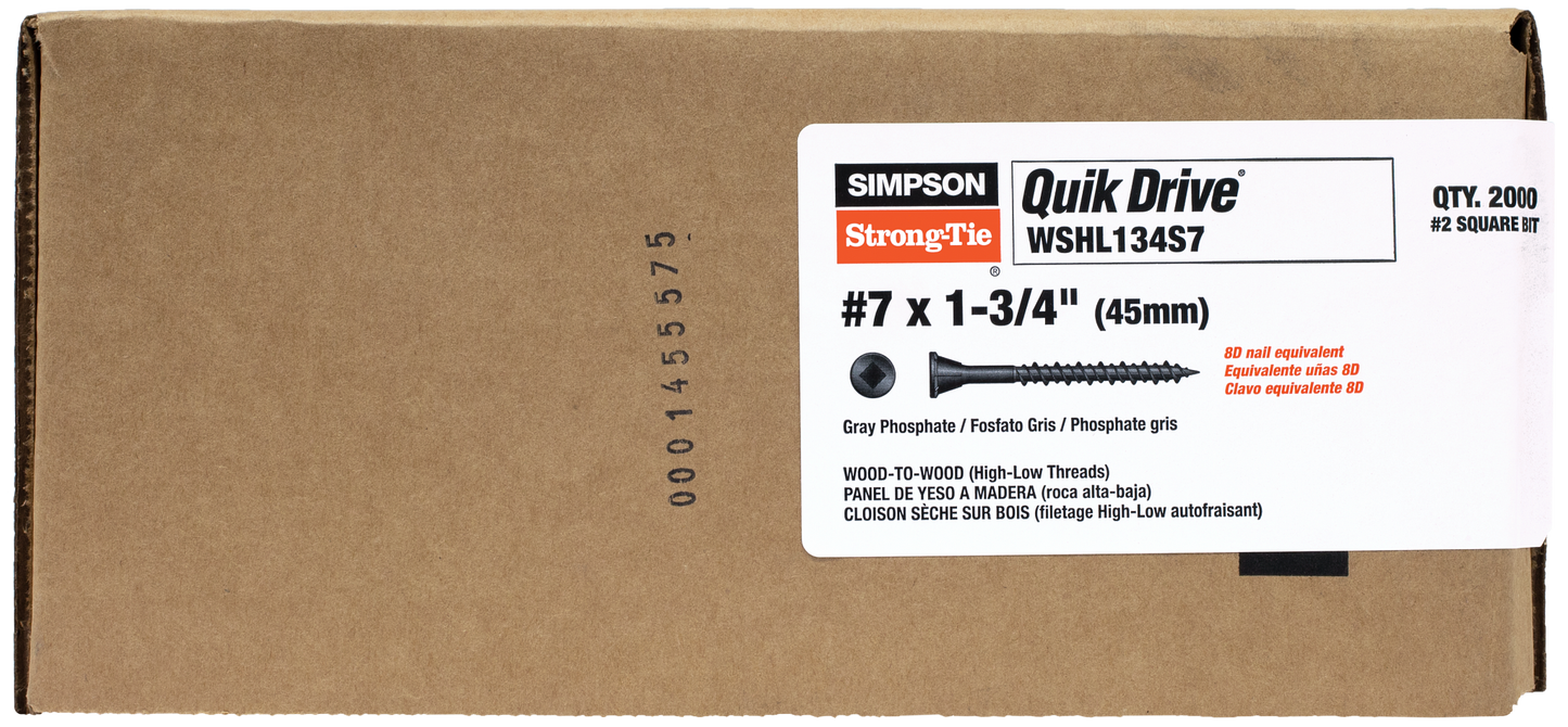 Simpson Strong-Tie WSHL134S7 WSHL Subfloor Screw (Collated) — #7 x 1-3/4 in. #2 Square Drive, Gray Phosphate (2000-Qty)