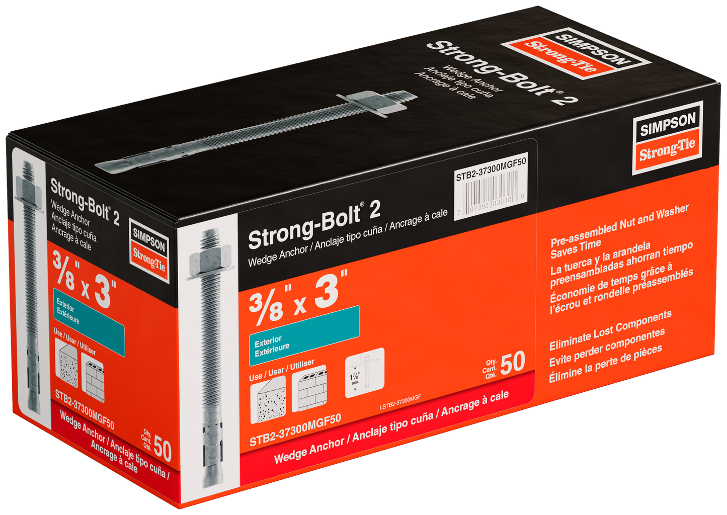 Simpson Strong-Tie STB2-37300MGF50 Strong-Bolt® 2 — 3/8 in. x 3 in. Mechanically Galvanized Wedge Anchor, Fully Assembled (50-Qty) (Pack of 420)