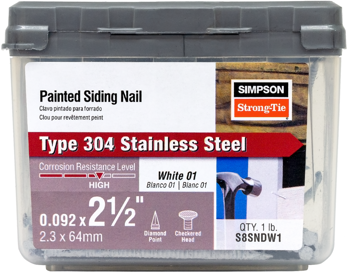 Simpson Strong-Tie S8SNDW1 Painted Siding Nail — 2-1/2 in. x .092 in. Type 304 Stainless Steel, White (1 lb.) (Pack of 800)