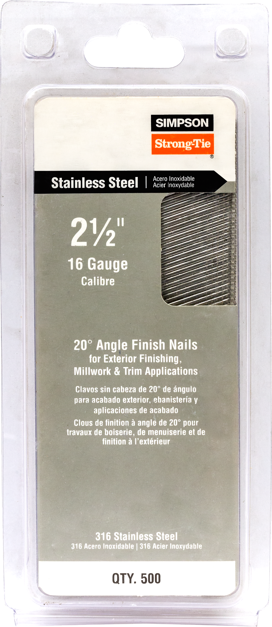 Simpson Strong-Tie T16N250PFB 20° Angle, Adhesive Collation, T-Style Head, 16-Gauge Finishing Nail — 2-1/2 in. Type 316 (500-Qty)