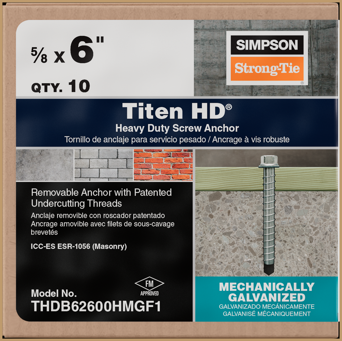 Simpson Strong-Tie THDB62600HMGF1 Titen HD® 5/8 in. x 6 in. Mechanically Galvanized Heavy-Duty Screw Anchor (Pack of 10)