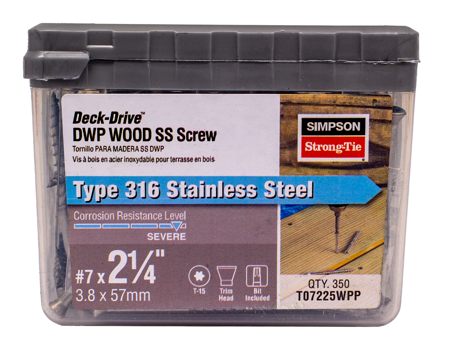 Simpson Strong-Tie T07225WPP Deck-Drive™ DWP WOOD SS Screw — #7 x 2-1/4 in. T-15, Trim Head, Type 316 (350-Qty)