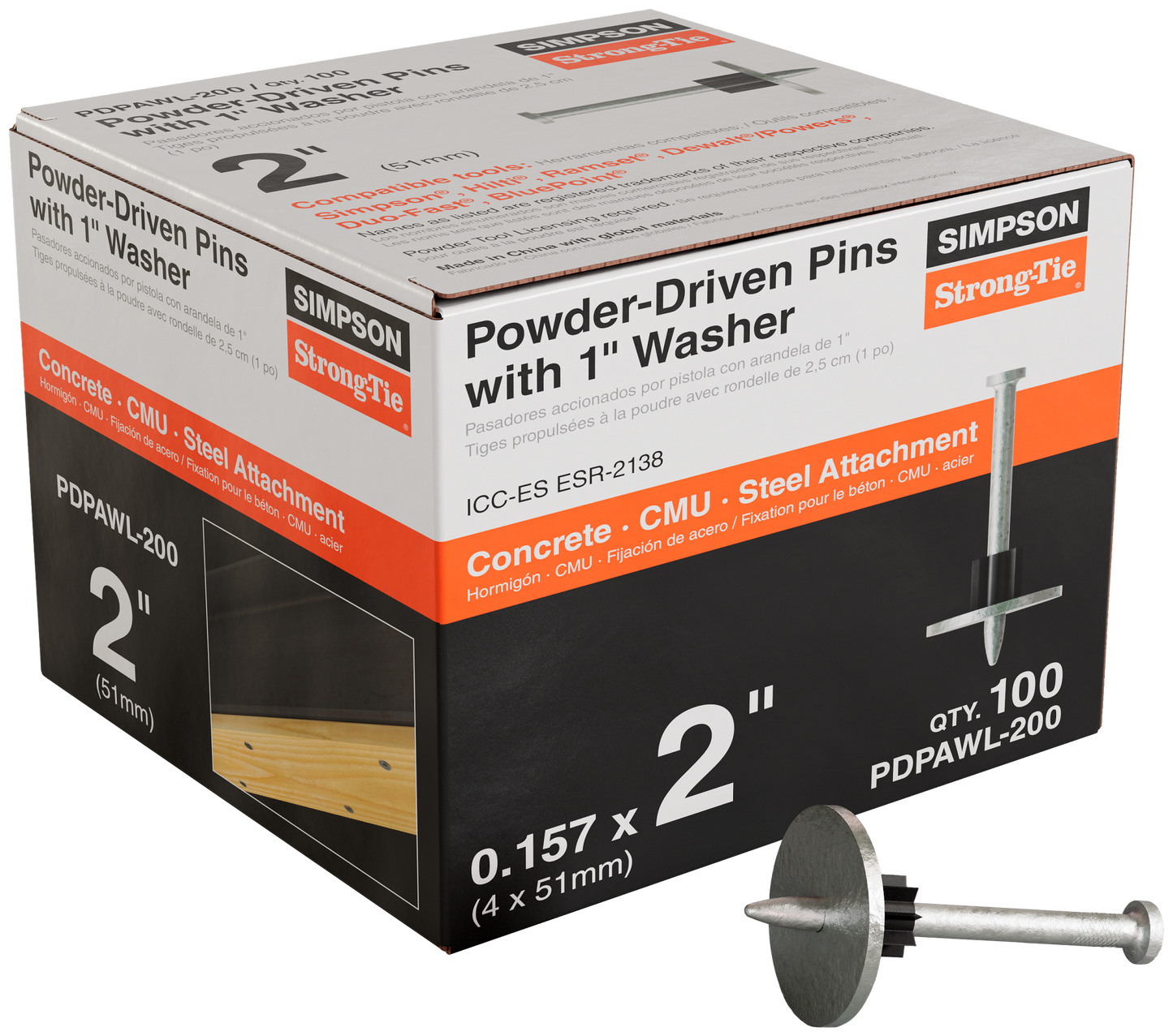 Simpson Strong-Tie PDPAWL-200 PDPAWL .157-in. x 2-in. Powder-Actuated Pin w/ 1-in. Washer (100-Qty)
