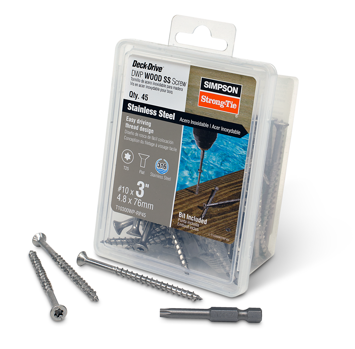 Simpson Strong-Tie T10300WP-RP45 Deck-Drive™ DWP WOOD SS Screw — #10 x 3 in. T-25, Flat Head, Type 316 (45-Qty) (Pack of 600)