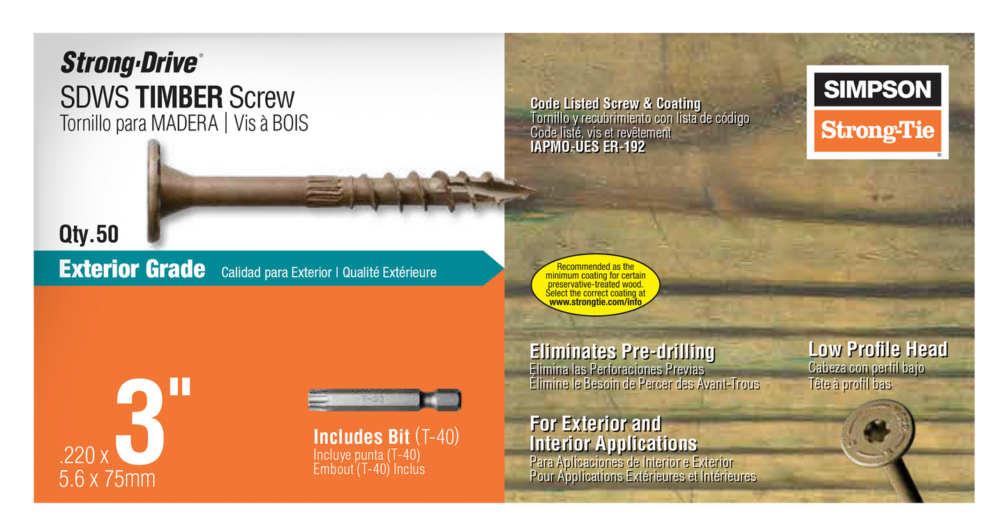 Simpson Strong-Tie SDWS22300DB-R50 Strong-Drive® SDWS™ TIMBER Screw (Exterior Grade) — 0.220 in. x 3 in. T40, Tan (50-Qty)