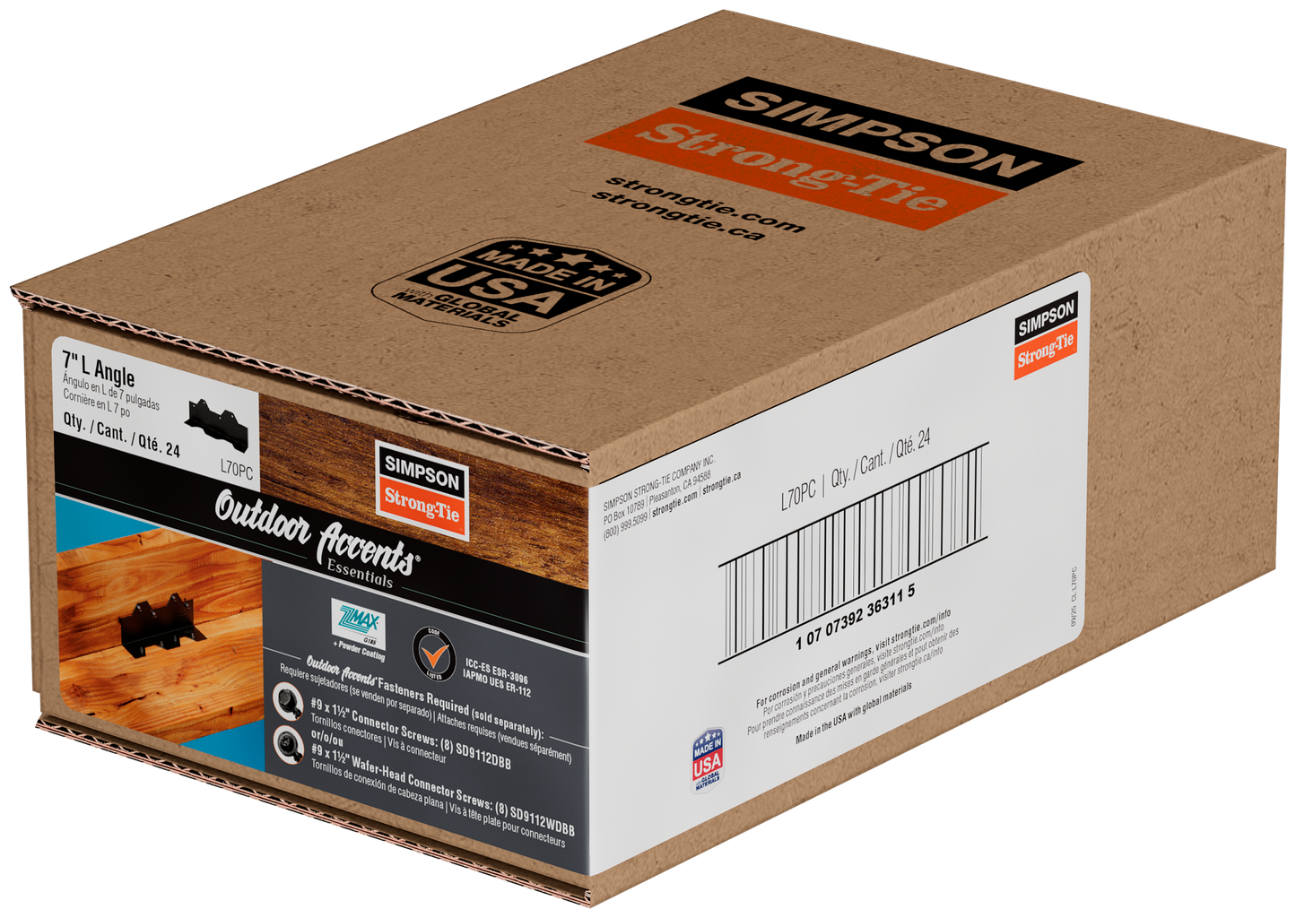 Simpson Strong-Tie L70PC Outdoor Accents® 7 in. 16-Gauge ZMAX®, Black Powder-Coated Reinforcing L Angle (Pack of 24)