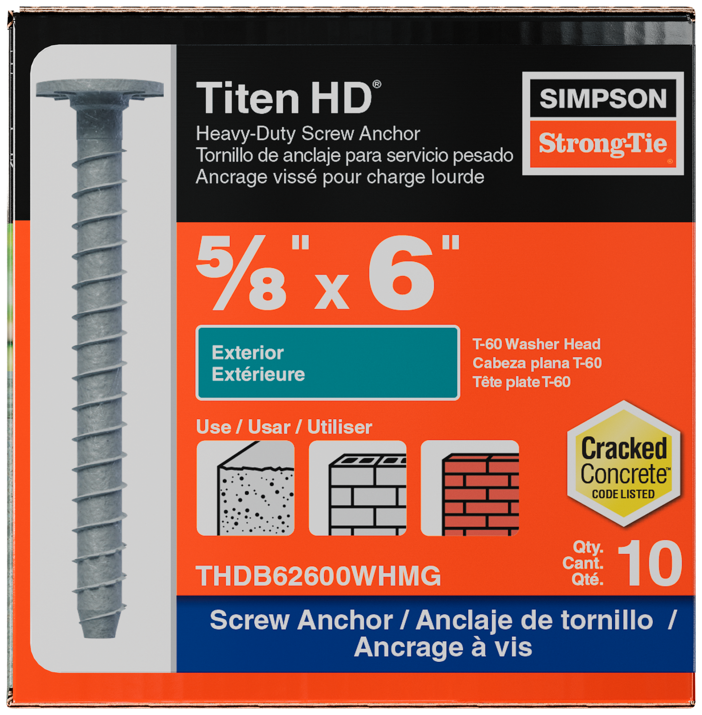 Simpson Strong-Tie THDB62600WHMG Titen HD® 5/8 in. x 6 in. Mech. Galv. Washer-Head Heavy-Duty Screw Anchor (10-Qty) (Pack of 4)