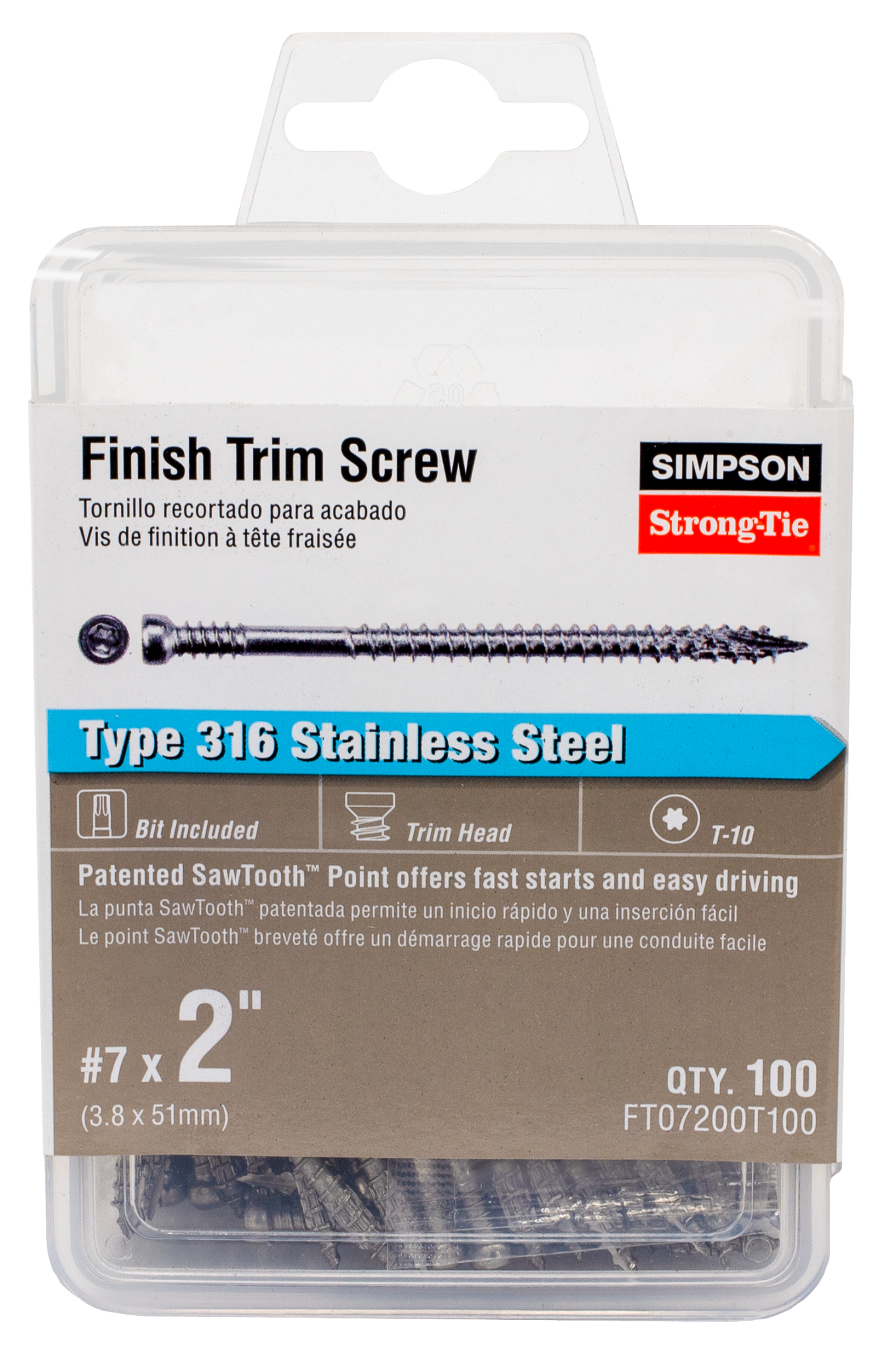 Simpson Strong-Tie FT07200T100 Finish Trim Screw — #7 x 2 in. T10, Trim-Head, Type 316 (100-Qty)
