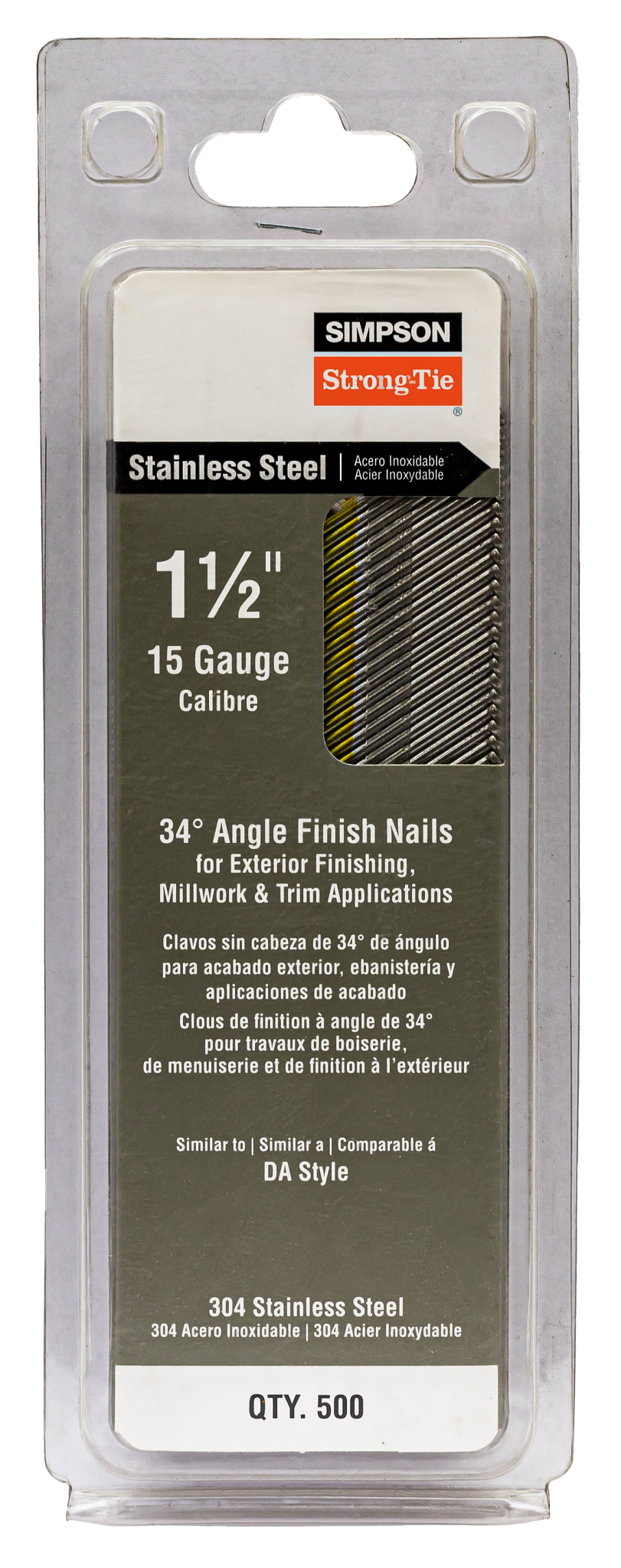 Simpson Strong-Tie S15N150SFB Tape Collation, DA-Style Angle, 15-Gauge Finishing Nail — 1-1/2 in. Type 304 (500-Qty) (Pack of 5)