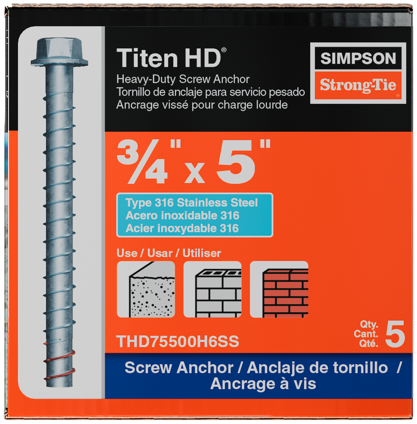 Simpson Strong-Tie THD75500H6SS Titen HD® 3/4 in. x 5 in. Type 316 Stainless Steel Heavy-Duty Screw Anchor (5-Qty) (Pack of 4)