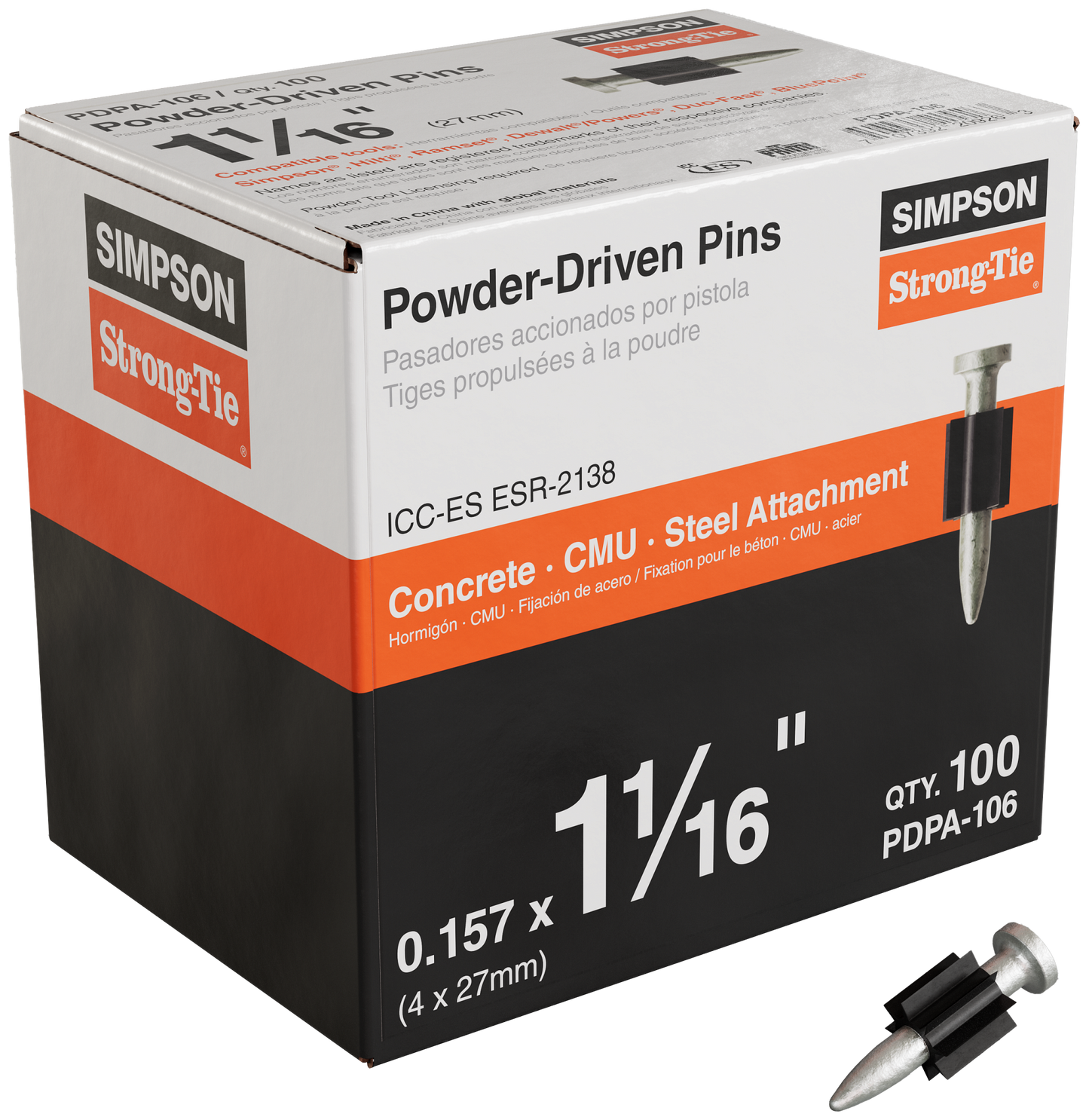 Simpson Strong-Tie PDPA-106 PDPA .157 in. x 1-1/16 in. Powder-Actuated Pin (100-Qty)