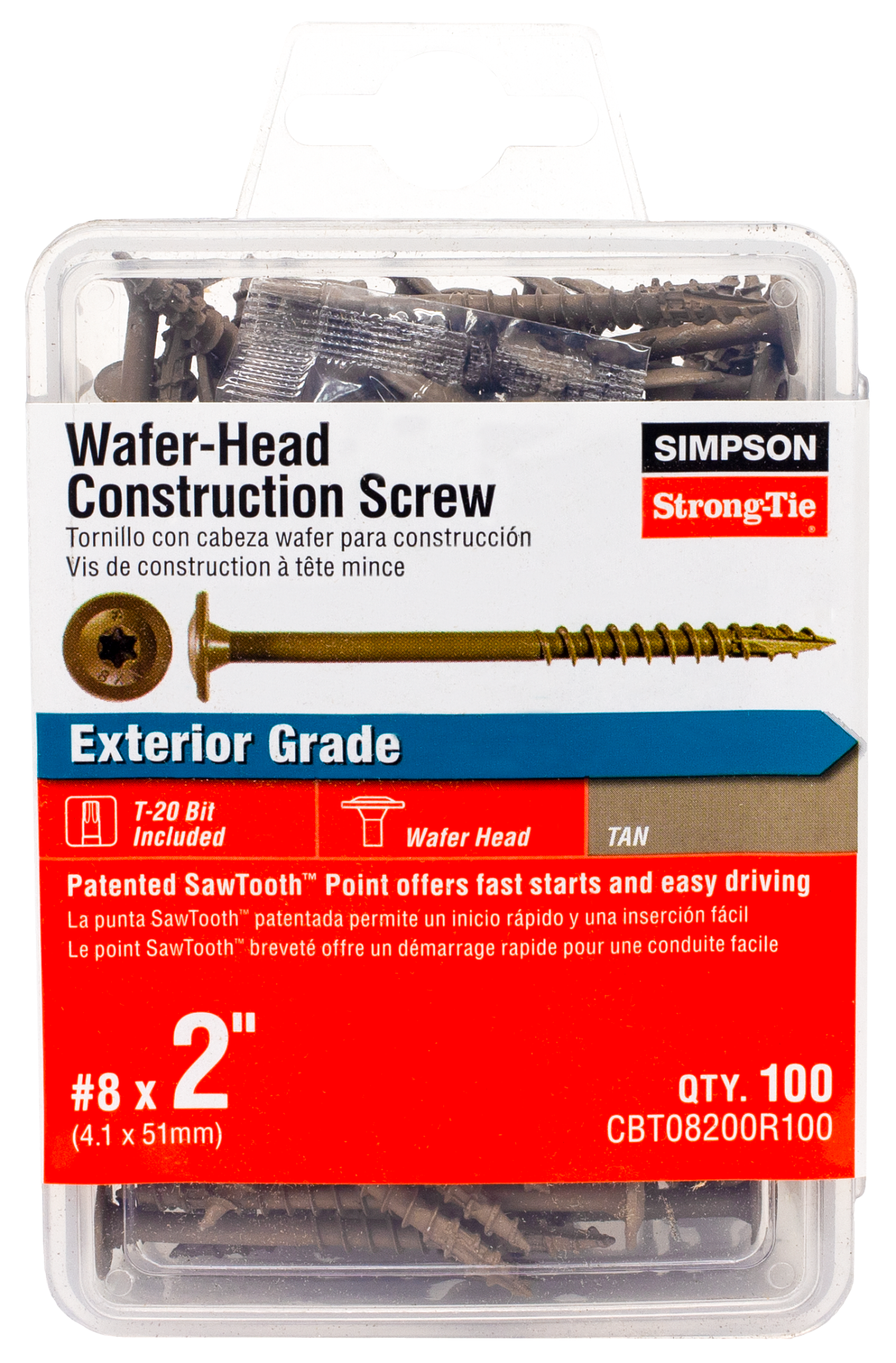 Simpson Strong-Tie CBT08200R100 Wafer-Head Construction Screw — #8 x 2 in. T20, Quik Guard®, Tan (100-Qty) (Pack of 5)