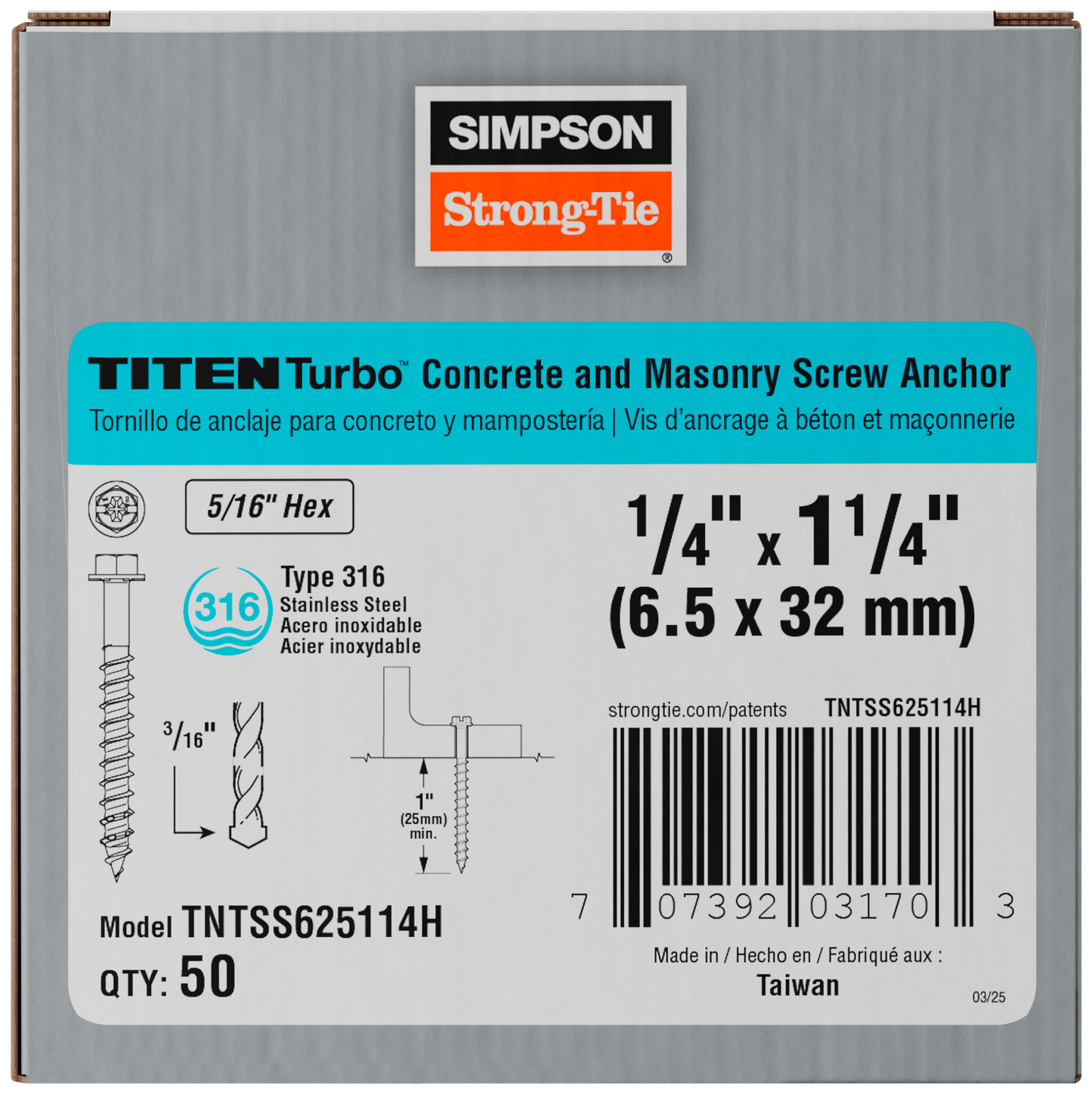 Simpson Strong-Tie TNTSS625114H Titen Turbo™ — 1/4 in. x 1-1/4 in. Type 316 Stainless-Steel Hex-Head Concrete and Masonry Screw (50-Qty)