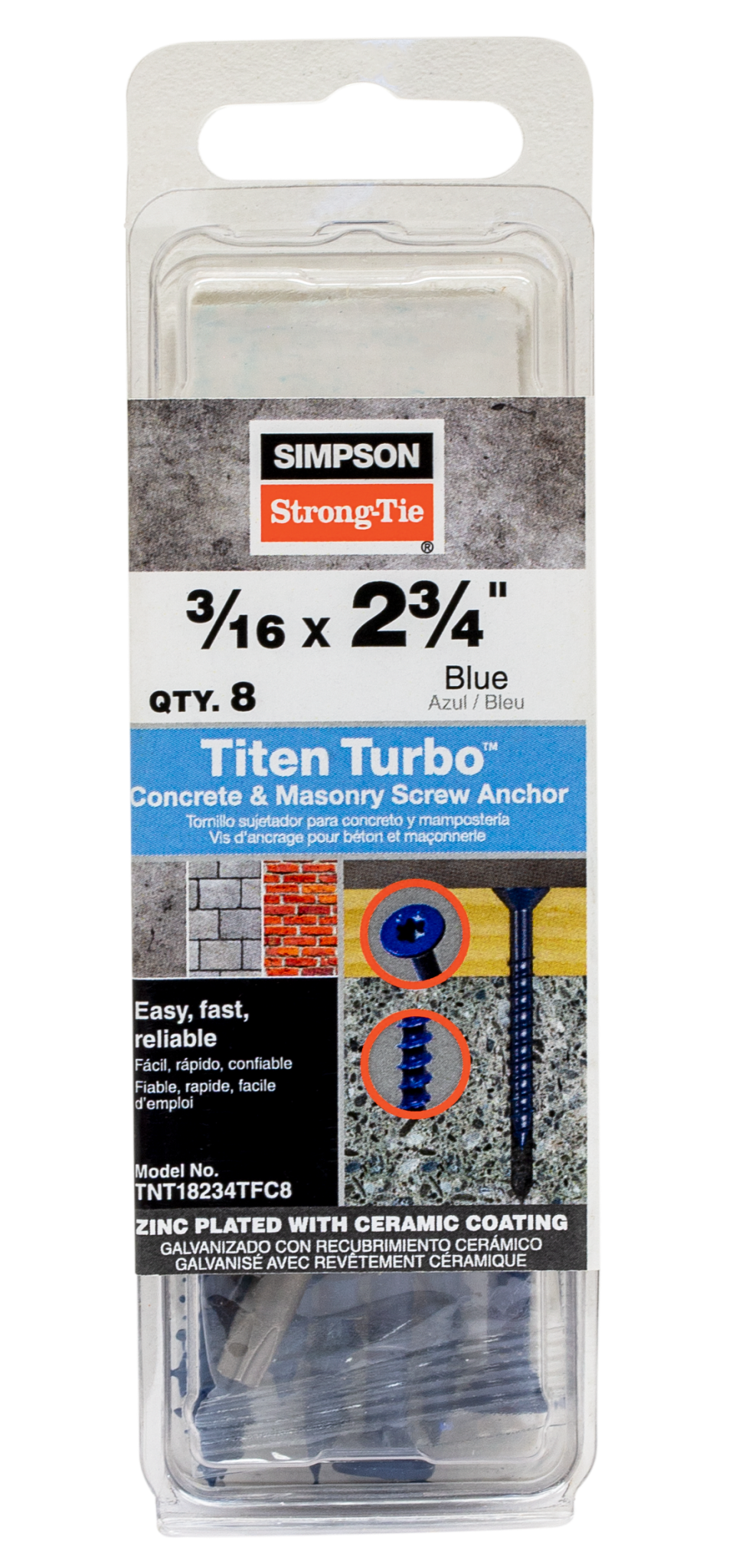 Simpson Strong-Tie TNT18234TFC8 Titen Turbo™ — 3/16 in. x 2-3/4 in. 6-Lobe Flat-Head Concrete and Masonry Screw, Blue (8-Qty) (Pack of 20)