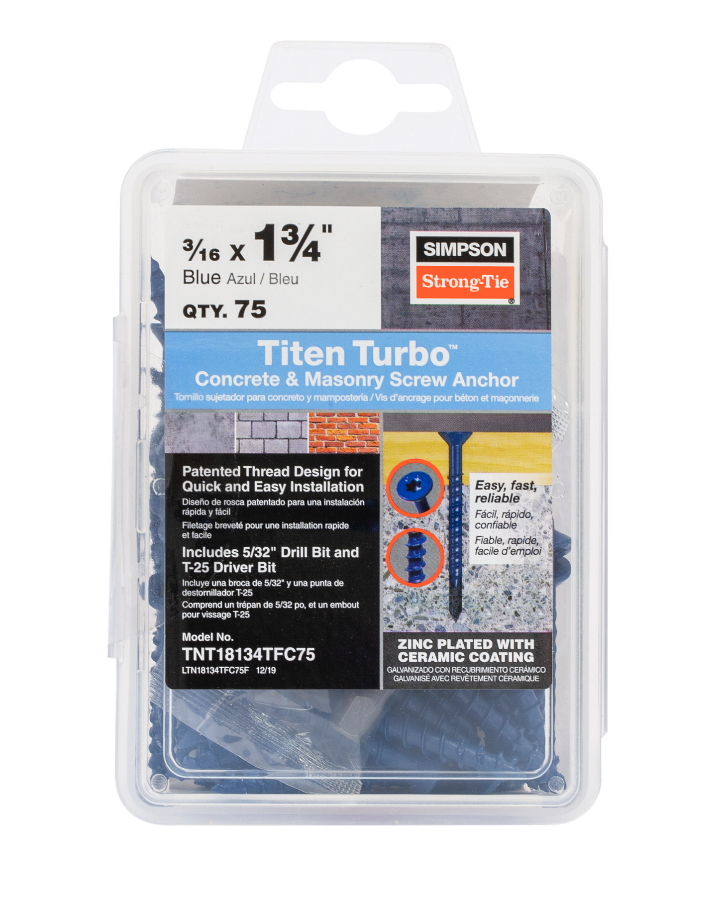 Simpson Strong-Tie TNT18134TFC75 Titen Turbo™ — 3/16 in. x 1-3/4 in. 6-Lobe Flat-Head Concrete and Masonry Screw, Blue (75-Qty) (Pack of 1440)