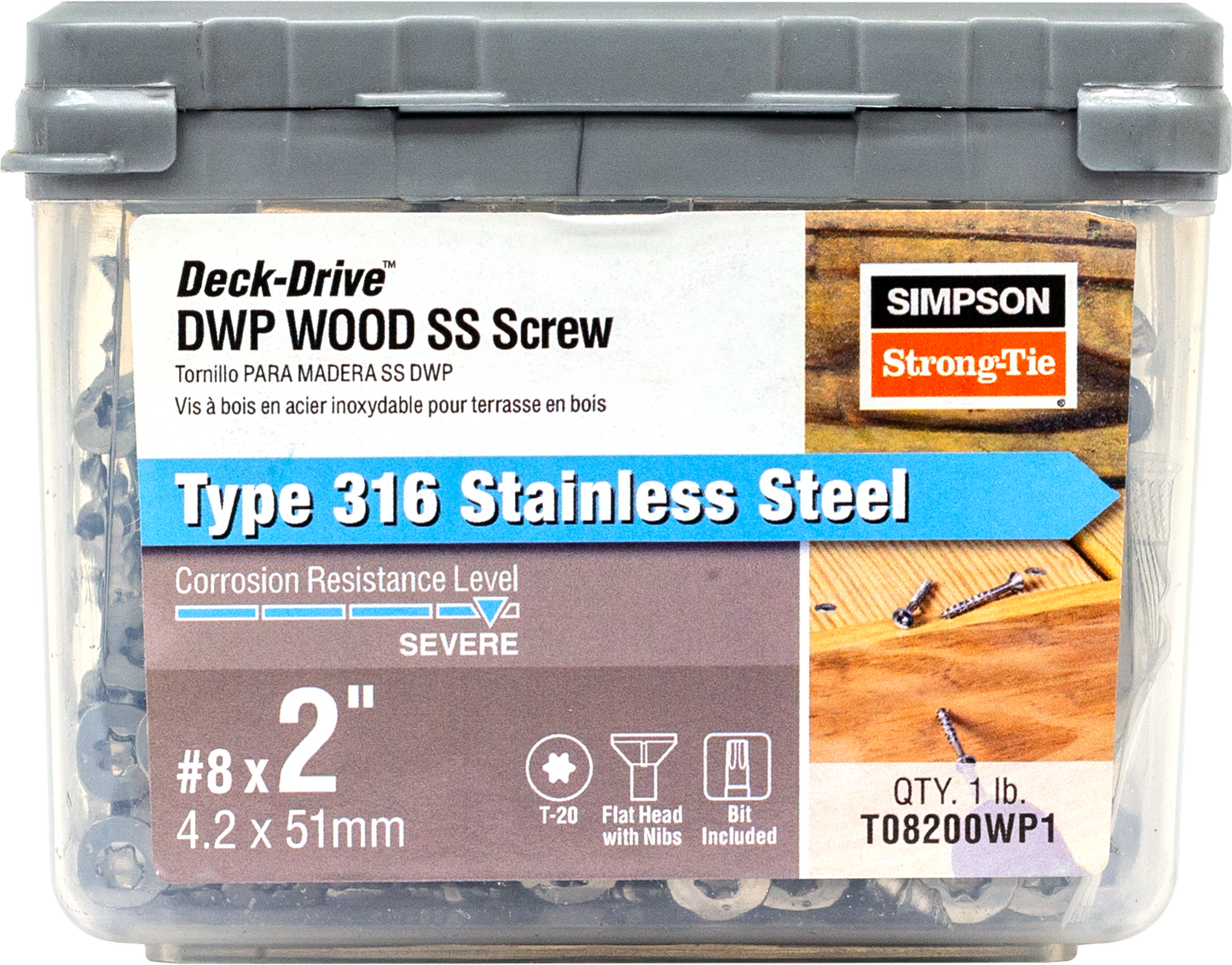 Simpson Strong-Tie T08200WP1 Deck-Drive™ DWP WOOD SS Screw — #8 x 2 in. T-20, Flat Head, Type 316 (1 lb.) (Pack of 800)