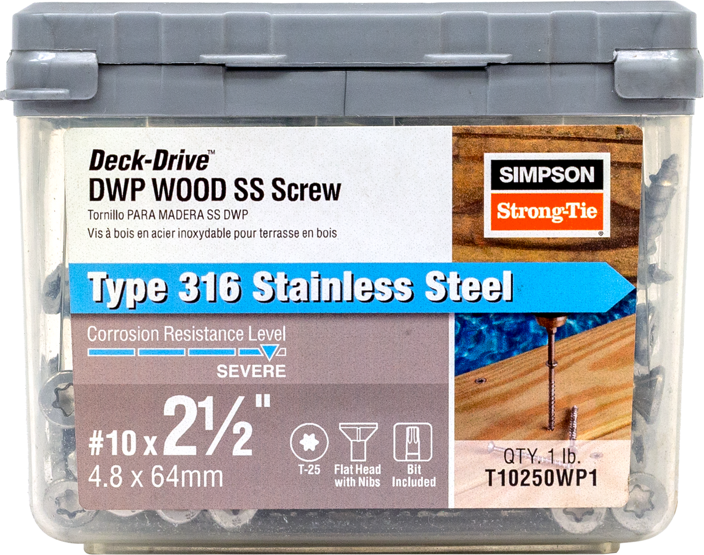 Simpson Strong-Tie T10250WP1 Deck-Drive™ DWP WOOD SS Screw — #10 x 2-1/2 in. T25, Flat Head, Type 316 (1 lb.) (Pack of 800)