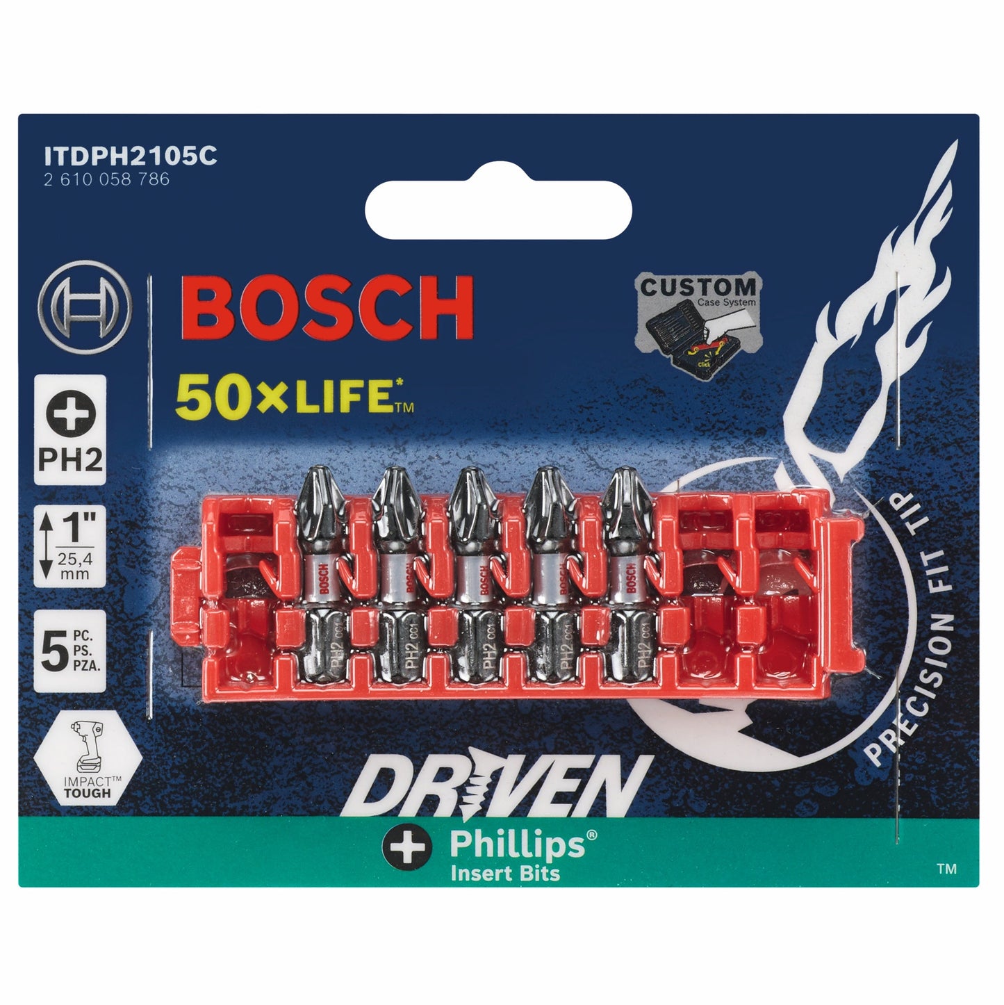 BOSCH ITDPH2105C 5 pc. Driven 1 In. Impact Phillips® #2 Insert Bits with Clip for Custom Case System