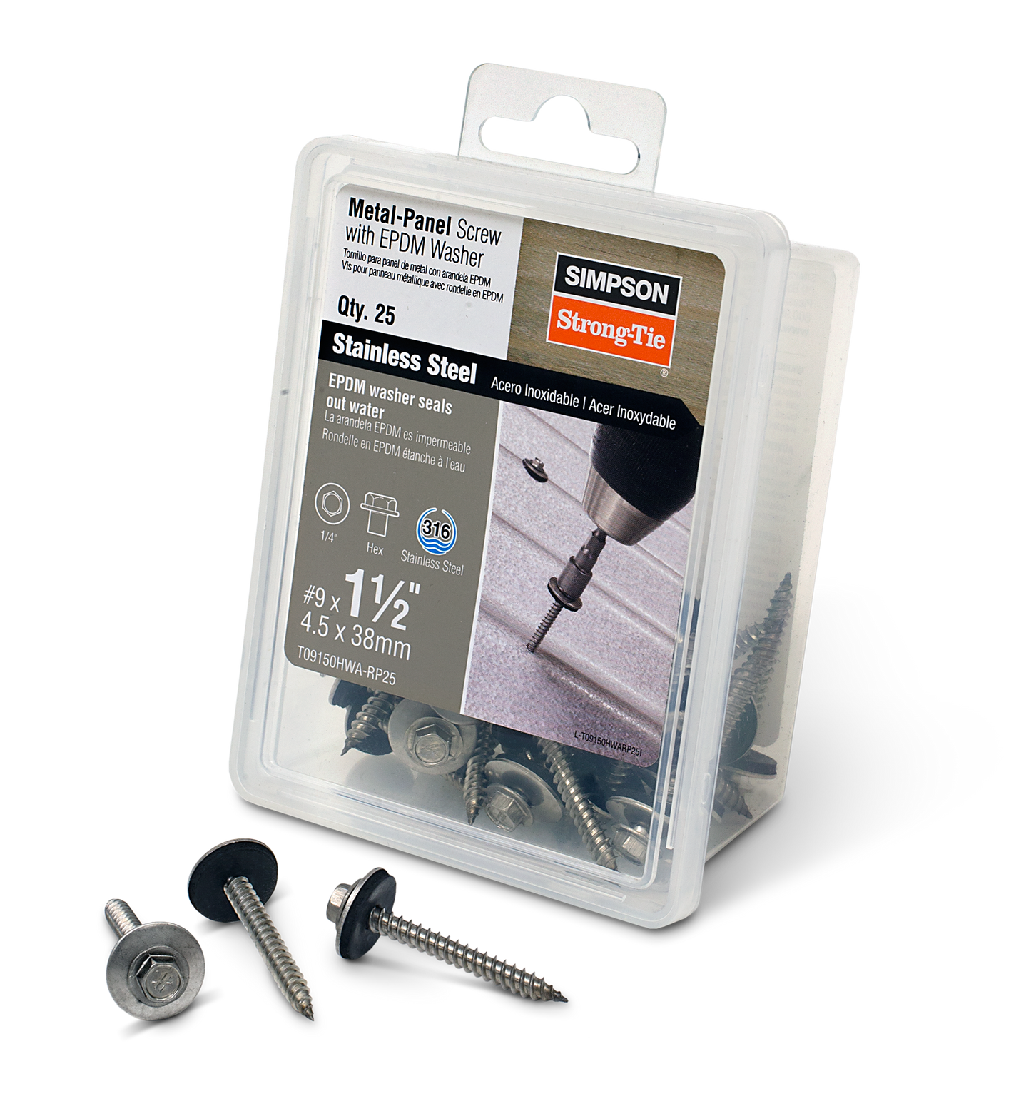 Simpson Strong-Tie T09150HWA-RP25 Metal-Panel Screw with EPDM Washer — #9 x 1-1/2 in. Hex Head, Type 316 (25-Qty) (Pack of 600)