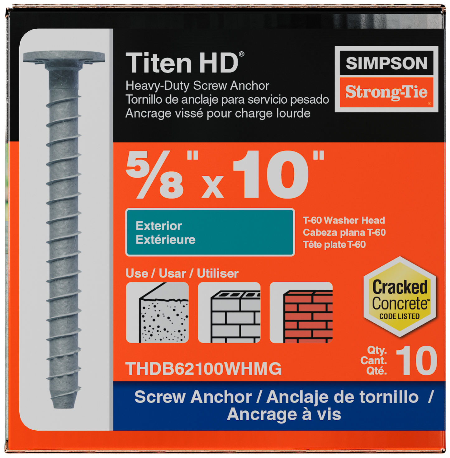 Simpson Strong-Tie THDB62100WHMG Titen HD® 5/8 in. x 10 in. Mech. Galv. Washer-Head Heavy-Duty Screw Anchor (10-Qty) (Pack of 2)