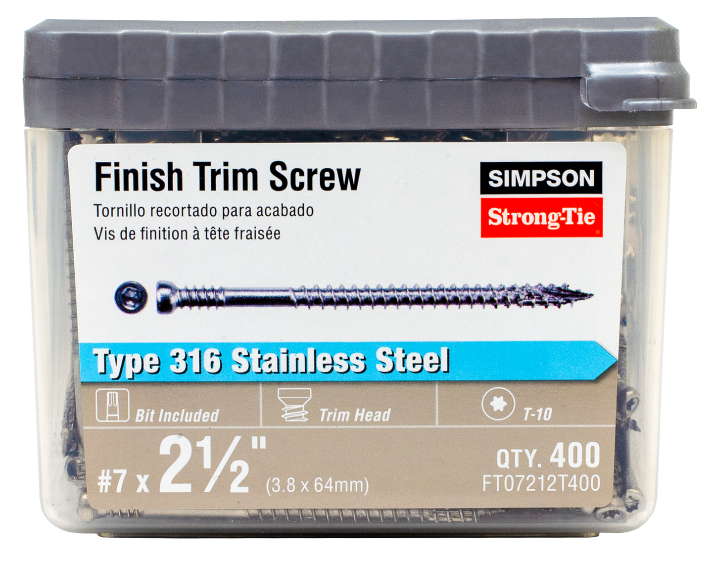 Simpson Strong-Tie FT07212T400 Finish Trim Screw — #7 x 2-1/2 in. T10, Trim-Head, Type 316 (400-Qty)