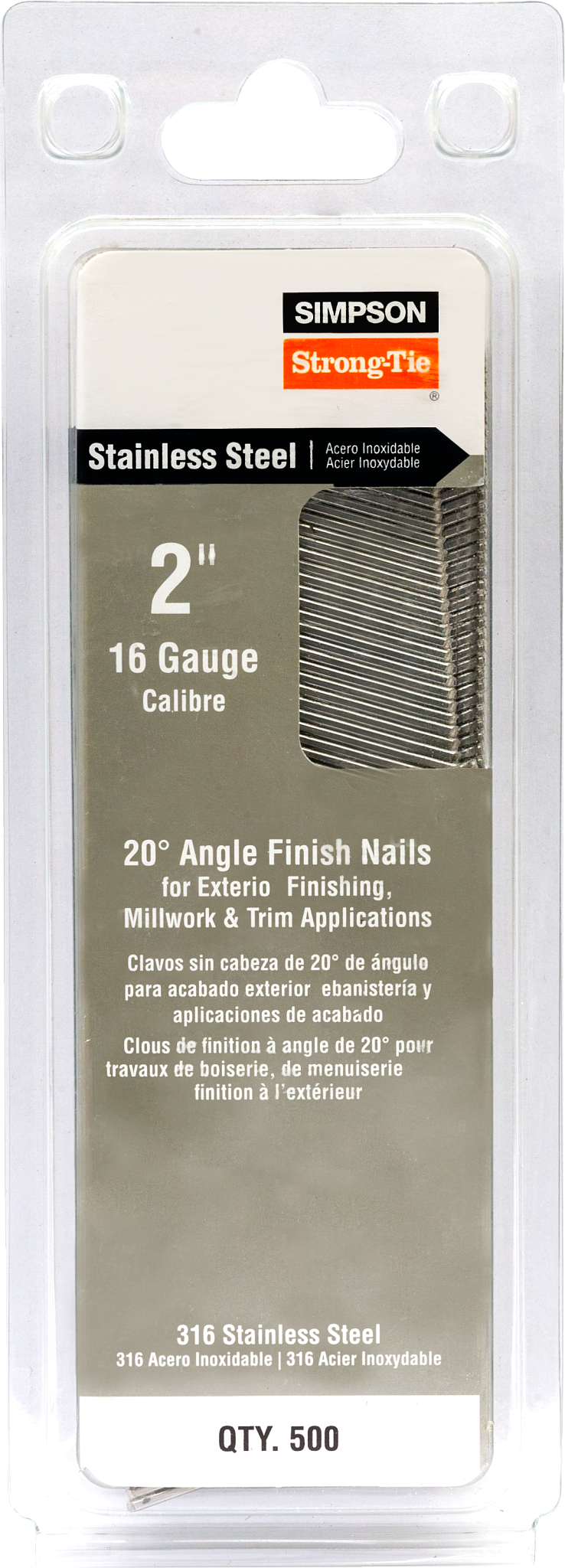 Simpson Strong-Tie T16N200PFB 20° Angle, Adhesive Collation, T-Style Head, 16-Gauge Finishing Nail — 2 in. Type 316 (500-Qty)