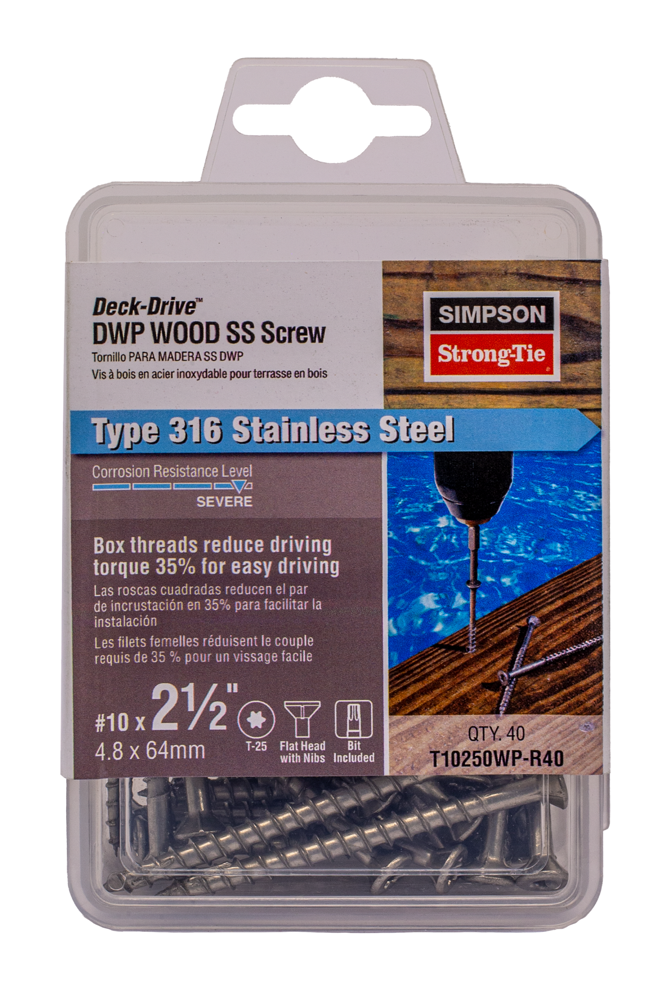 Simpson Strong-Tie T10250WP-R40 Deck-Drive™ DWP WOOD SS Screw — #10 x 2-1/2 in. T25, Flat Head, Type 316 (40-Qty) (Pack of 5)