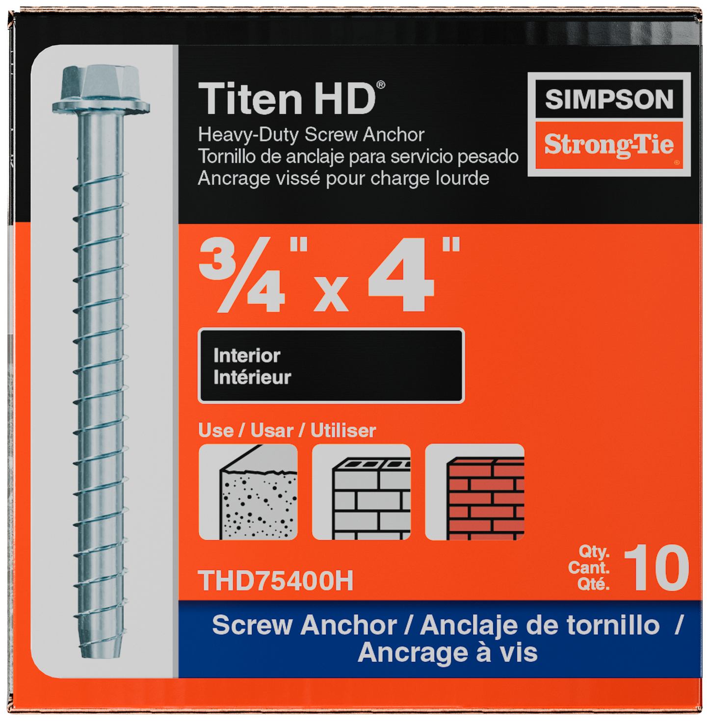 Simpson Strong-Tie THD75400H Titen HD® 3/4 in. x 4 in. Heavy-Duty Screw Anchor (10-Qty) (Pack of 4)