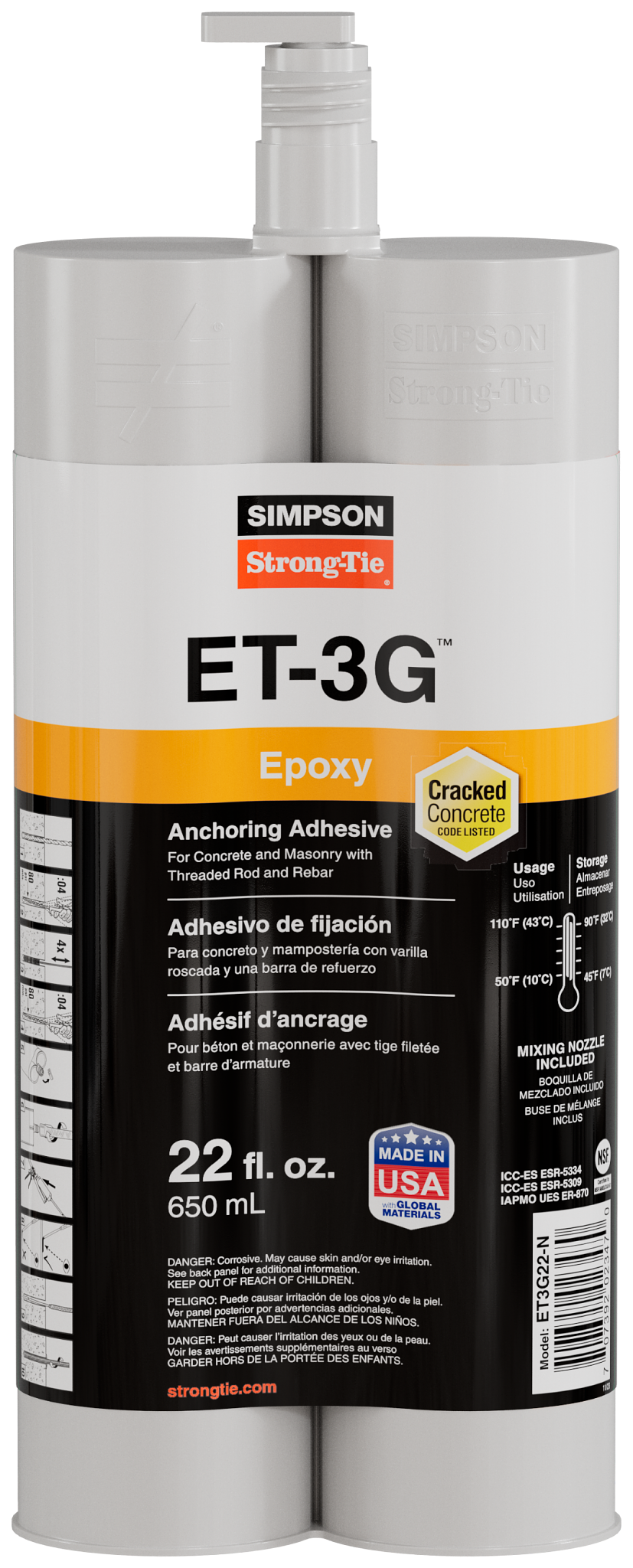 Simpson Strong-Tie ET3G22-N ET-3G™ 22 oz. Epoxy Adhesive Cartridge w/ Nozzle and Extension (Pack of 576)