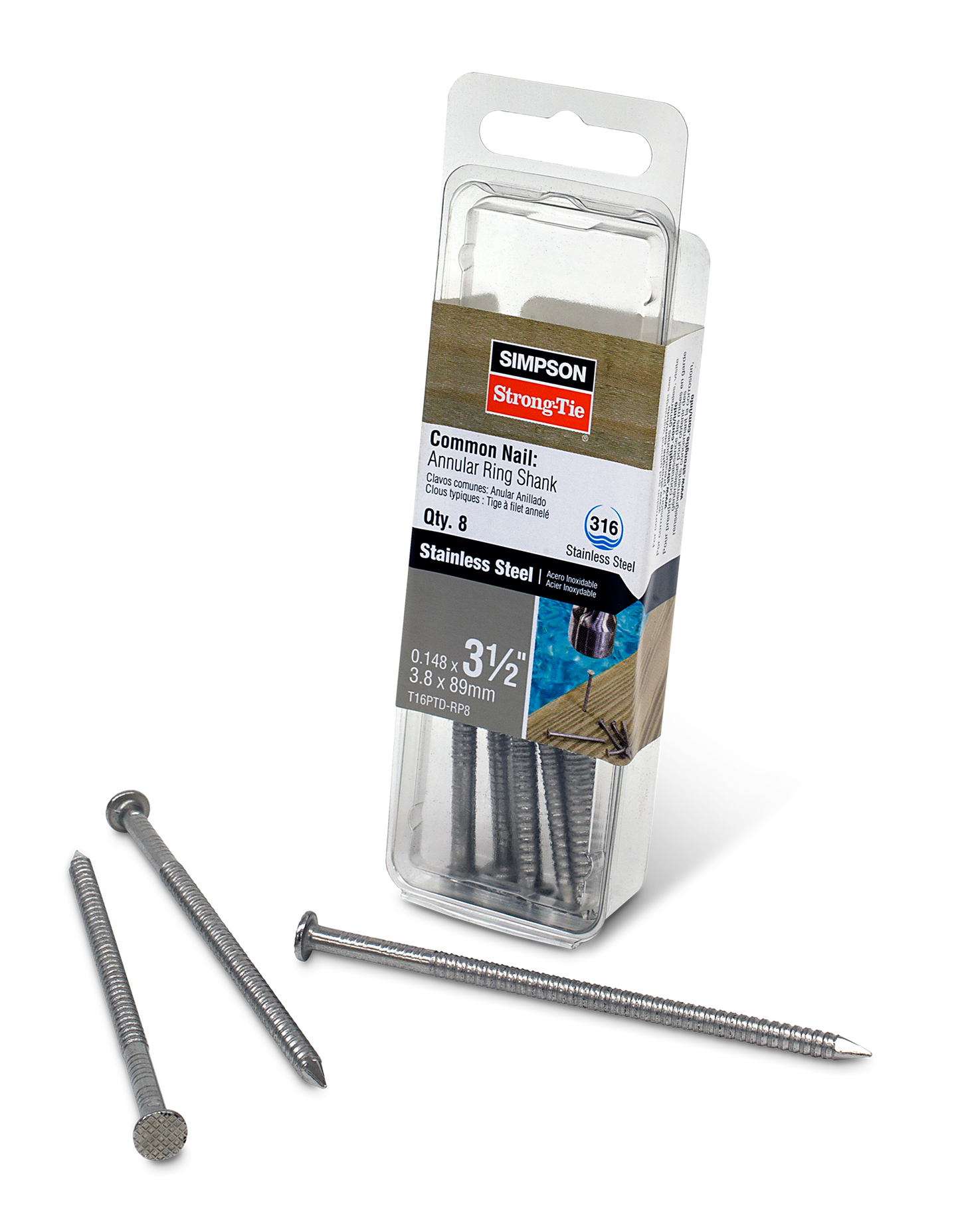 Simpson Strong-Tie T16PTD-RP8 Preservative-Treated Wood Decking Nail, Ring Shank — 3-1/2 in. x .148 in. Type 316 (8-Qty)