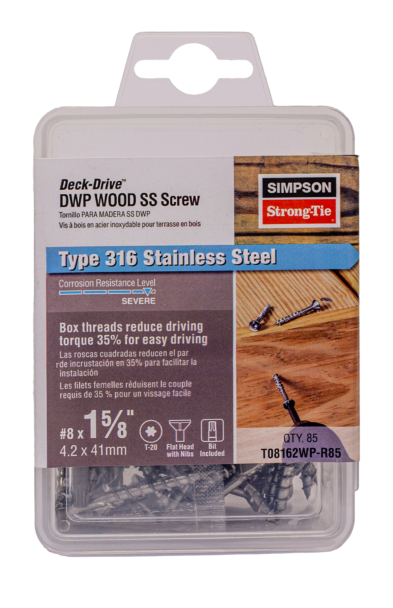 Simpson Strong-Tie T08162WP-R85 Deck-Drive™ DWP WOOD SS Screw — #8 x 1-5/8 in. T20, Flat Head, Type 316 (85-Qty) (Pack of 750)