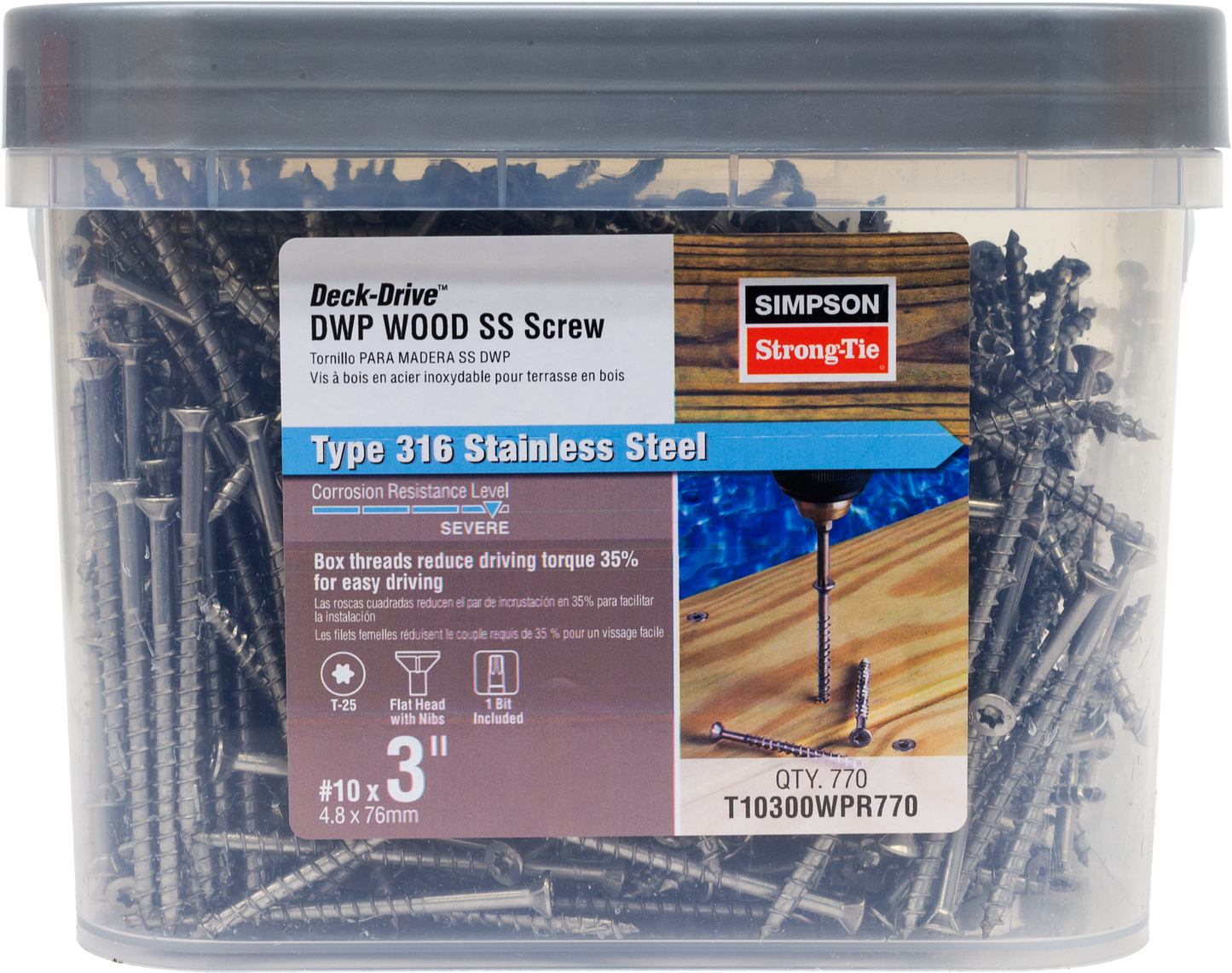 Simpson Strong-Tie T10300WPR770 Deck-Drive™ DWP WOOD SS Screw — #10 x 3 in. T25, Flat Head, Type 316 (770-Qty)