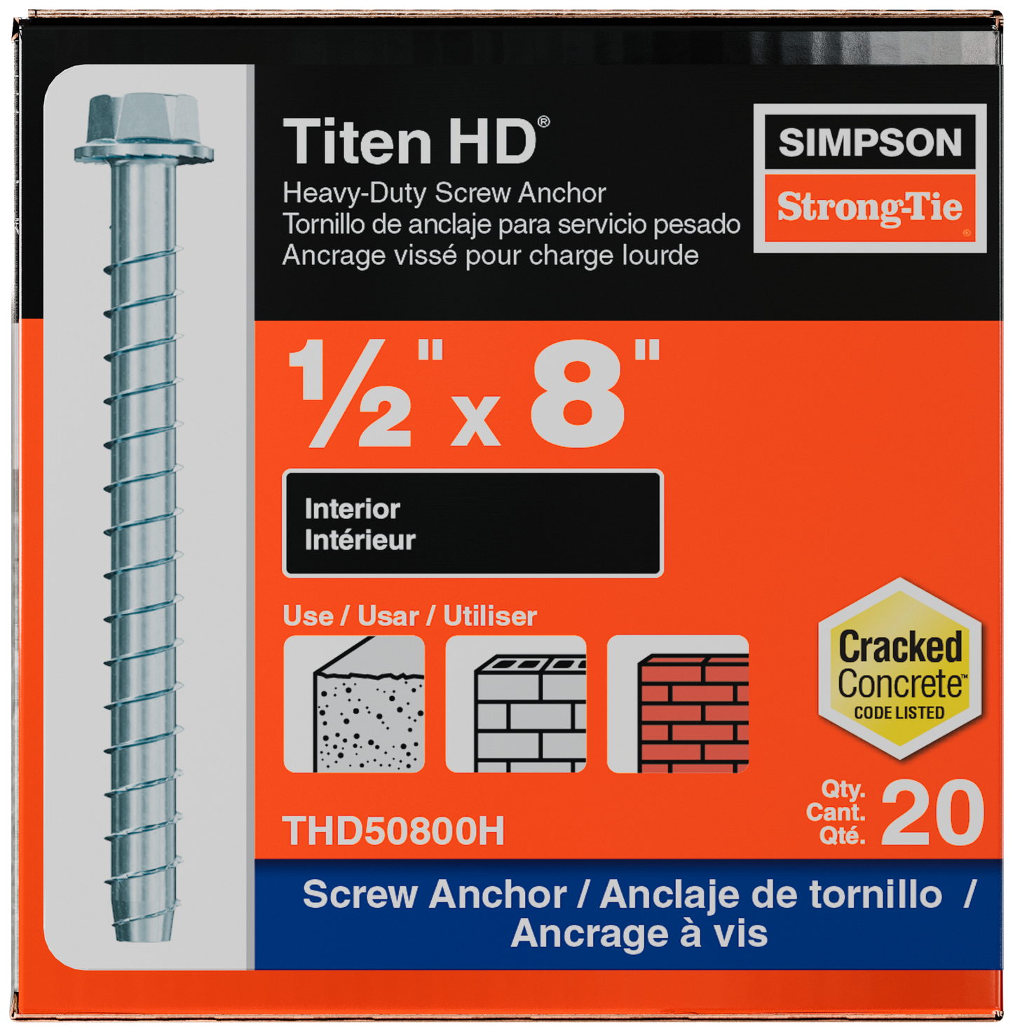 Simpson Strong-Tie THD50800H Titen HD® 1/2 in. x 8 in. Heavy-Duty Screw Anchor (20-Qty) (Pack of 2)