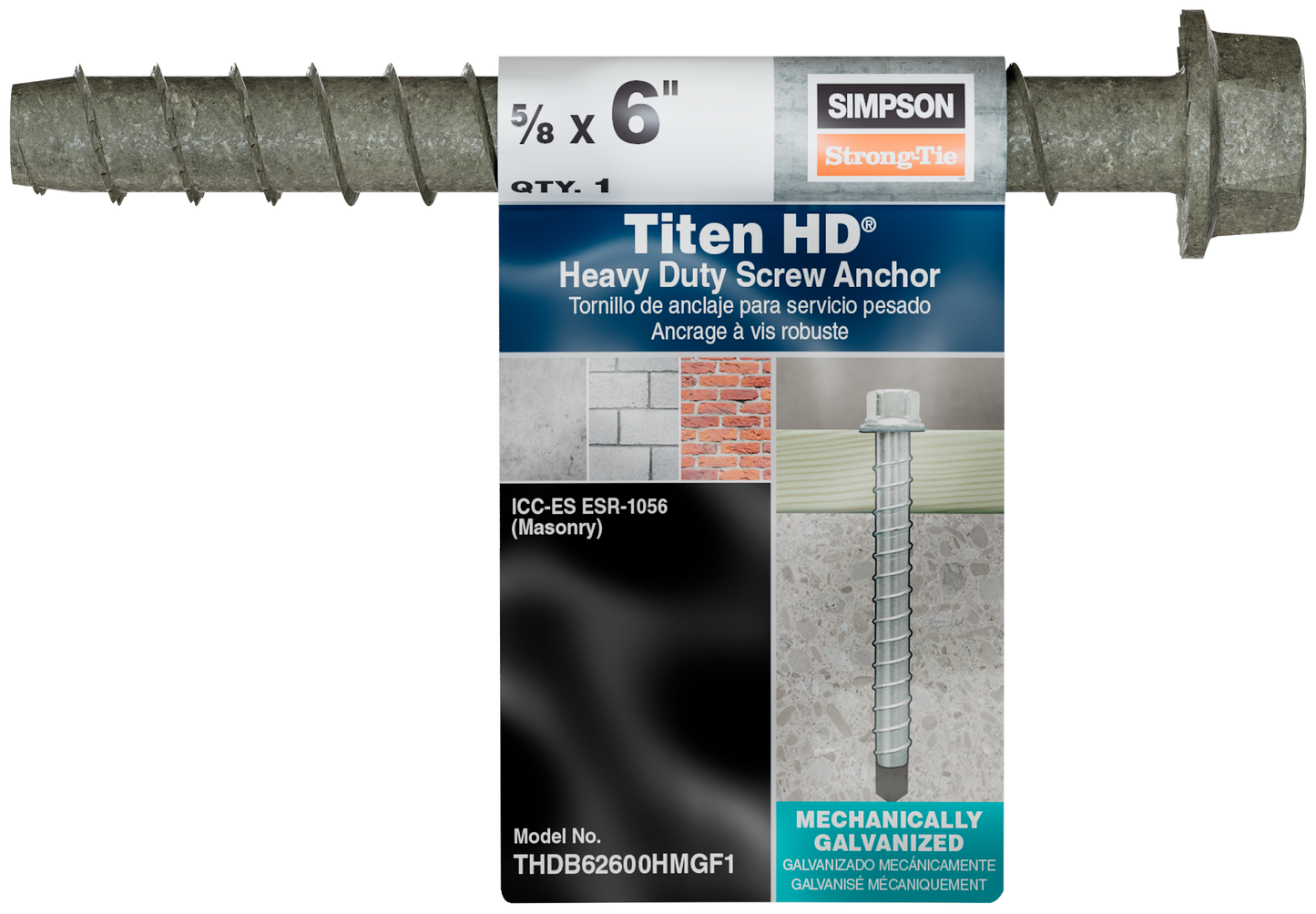Simpson Strong-Tie THDB62600HMGF1 Titen HD® 5/8 in. x 6 in. Mechanically Galvanized Heavy-Duty Screw Anchor (Pack of 3150)