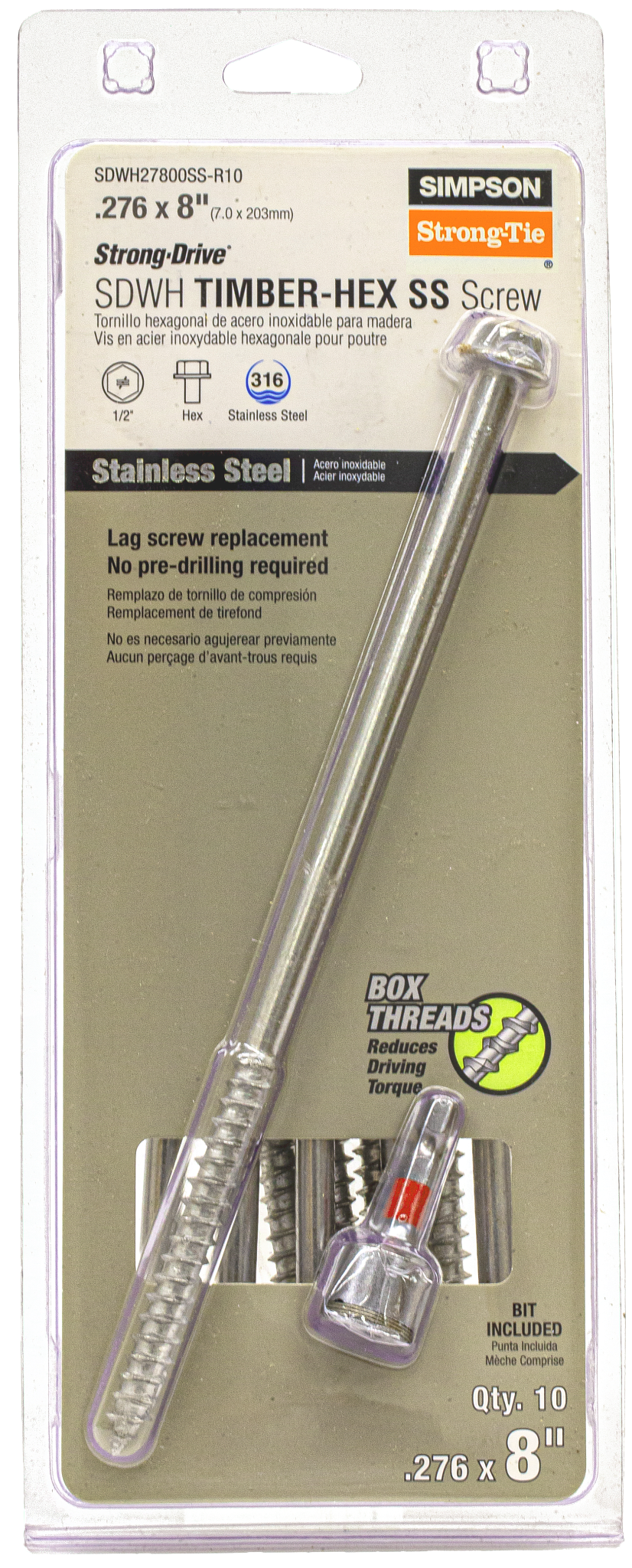 Simpson Strong-Tie SDWH27800SS-R10 Strong-Drive® SDWH™ TIMBER-HEX SS Screw — 0.275 in. x 8 in. 1/2 Hex, Type 316 (10-Qty)