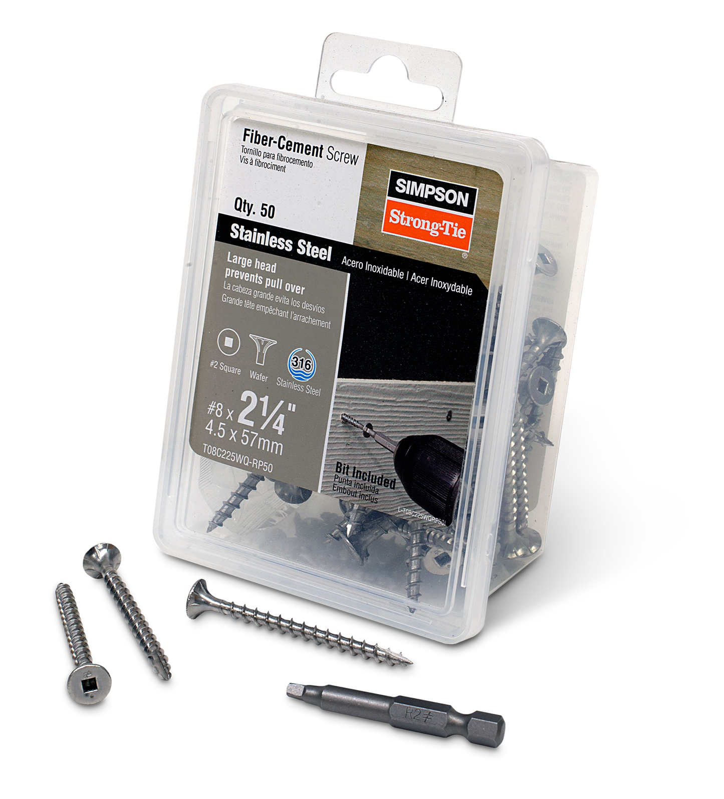 Simpson Strong-Tie T08C225WQ-RP50 Fiber-Cement Screw — #8 x 2-1/4 in. #2 Square Wafer-Head, Type 316 (50-Qty) (Pack of 4)