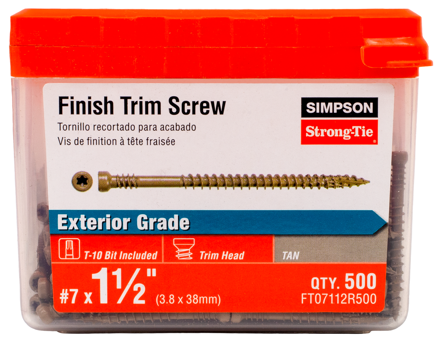 Simpson Strong-Tie FT07112R500 Finish Trim Screw — #7 x 1-1/2 in. T10, Trim-Head, Quik Guard®, Tan (500-Qty) (Pack of 6)