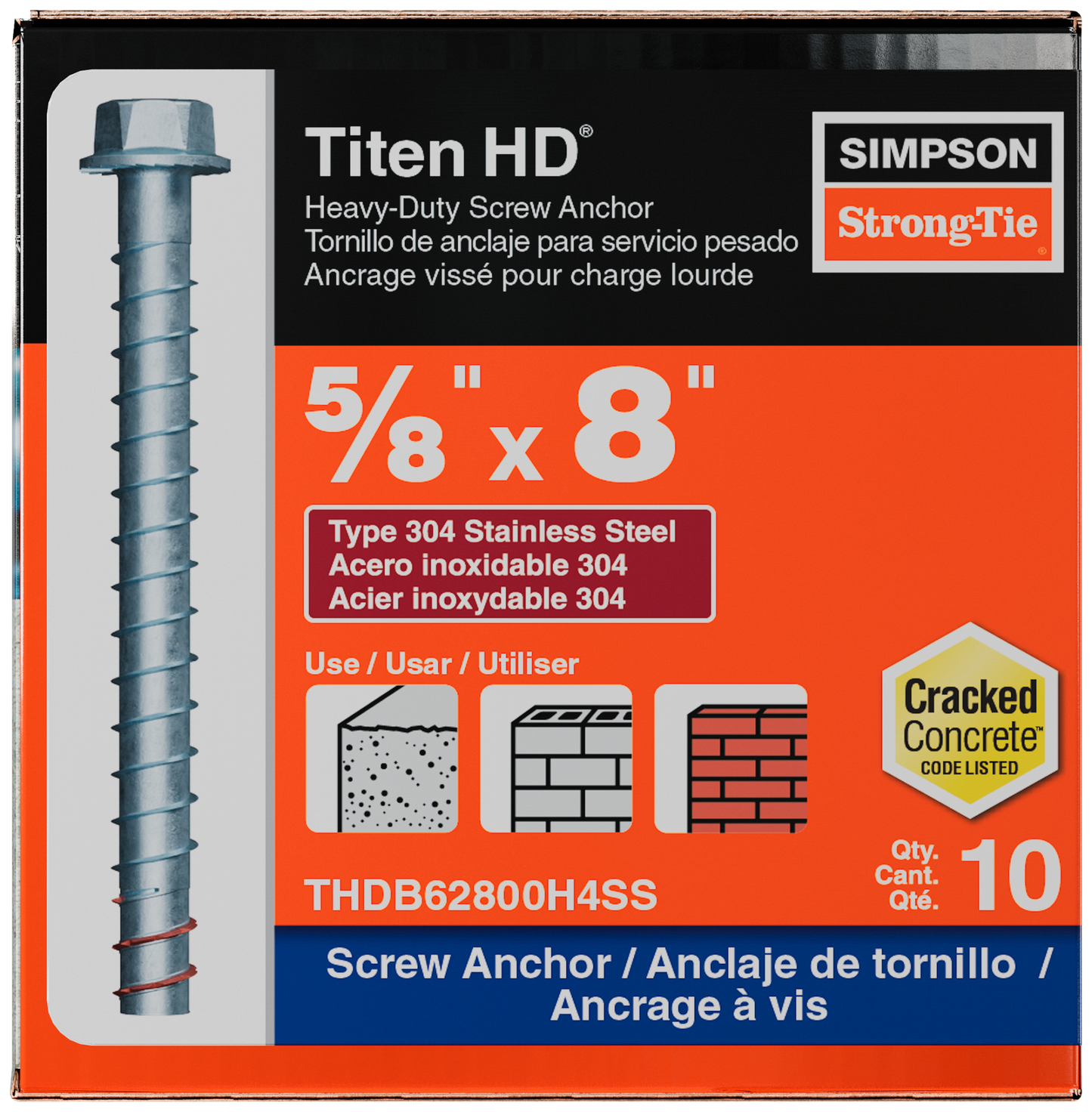 Simpson Strong-Tie THDB62800H4SS Titen HD® 5/8 in. x 8 in. Type 304 Stainless Steel Heavy-Duty Screw Anchor (10-Qty)